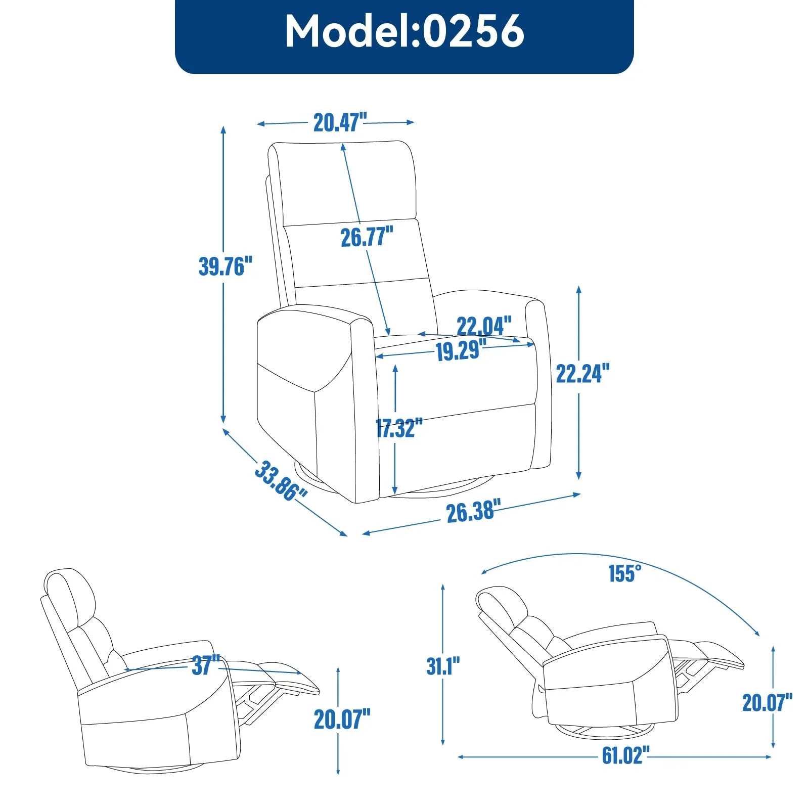 Manual Recliner Chair with Rocker and Swivel in Fabric for Living Room