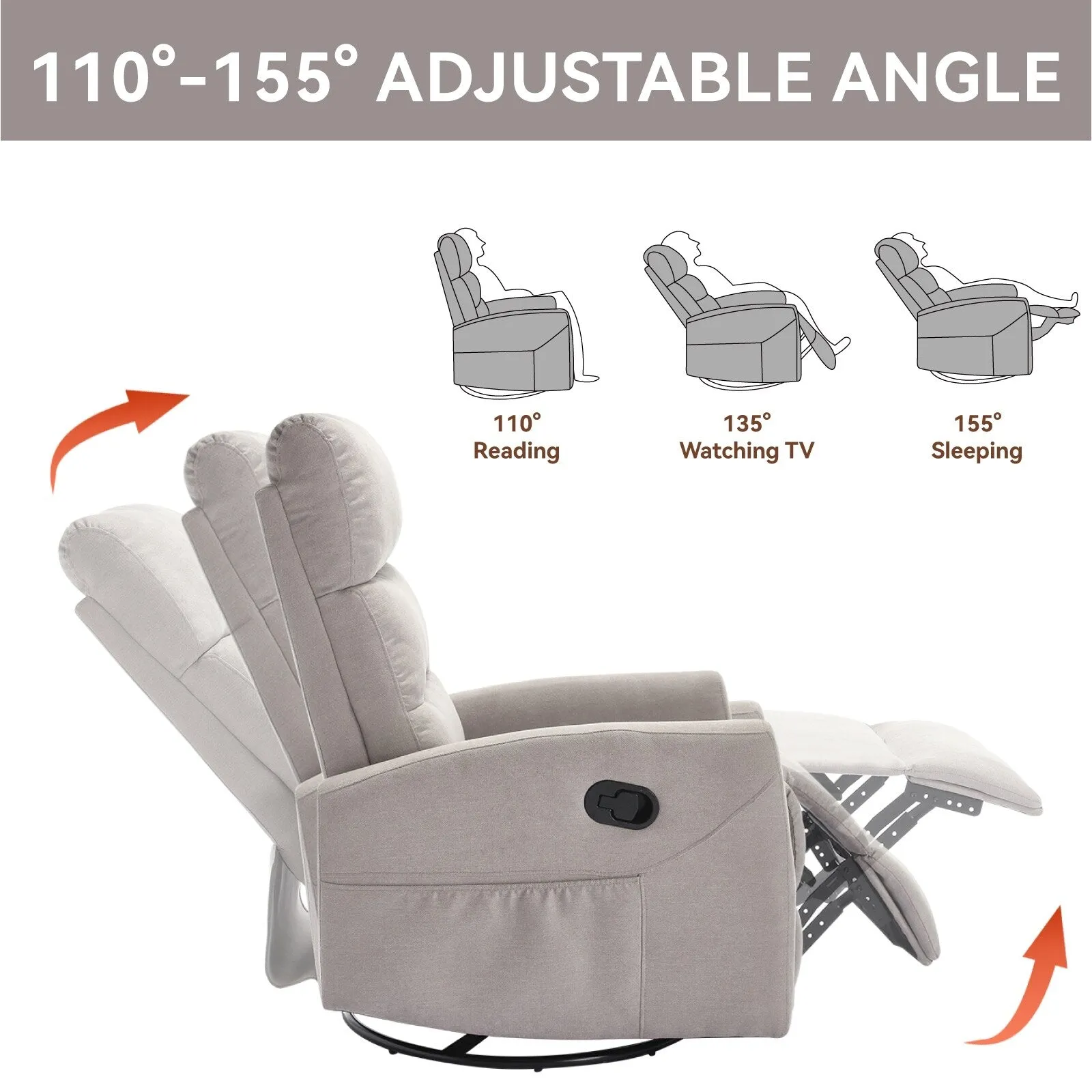 Manual Recliner Chair with Rocker and Swivel in Fabric for Living Room