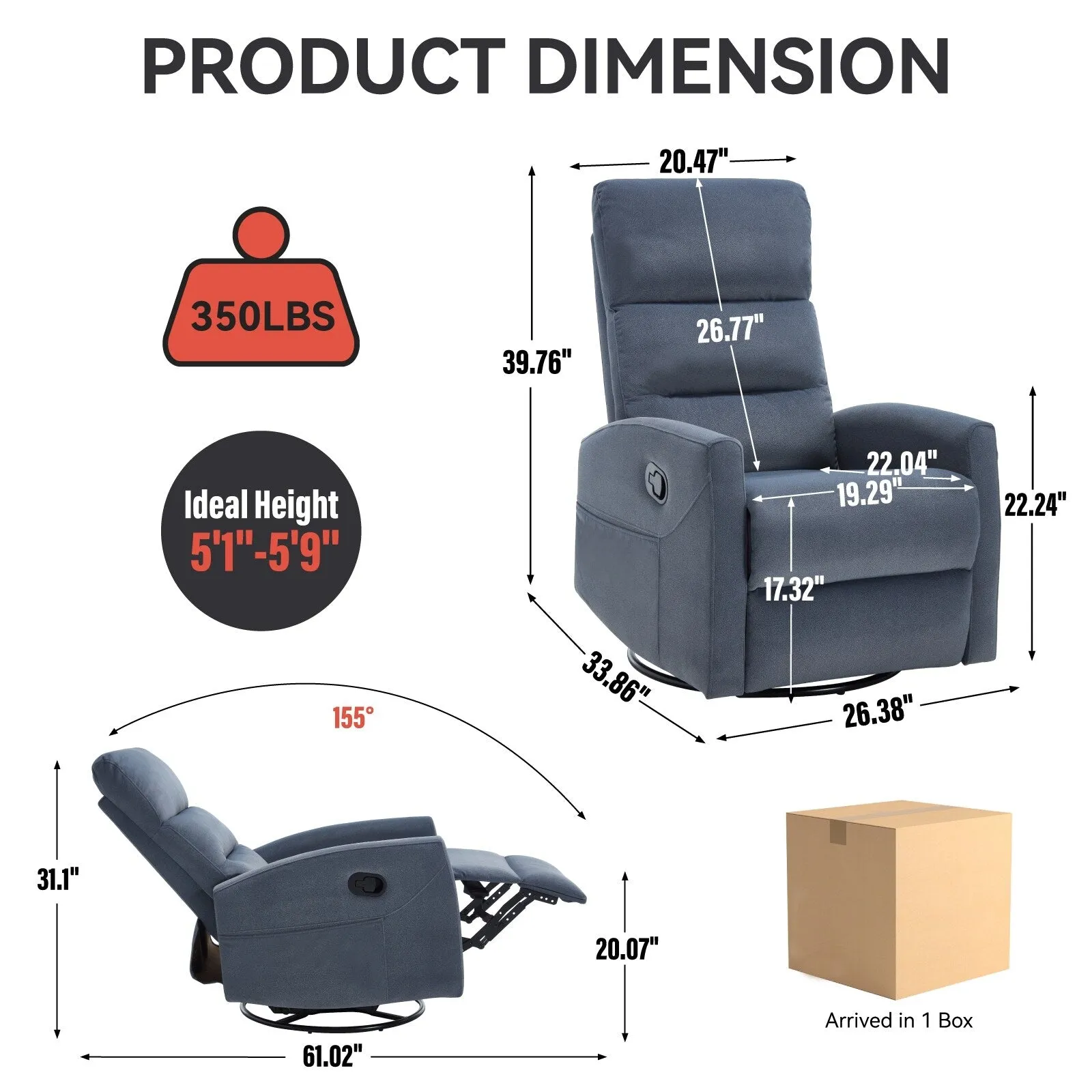 Manual Recliner Chair with Rocker and Swivel in Fabric for Living Room