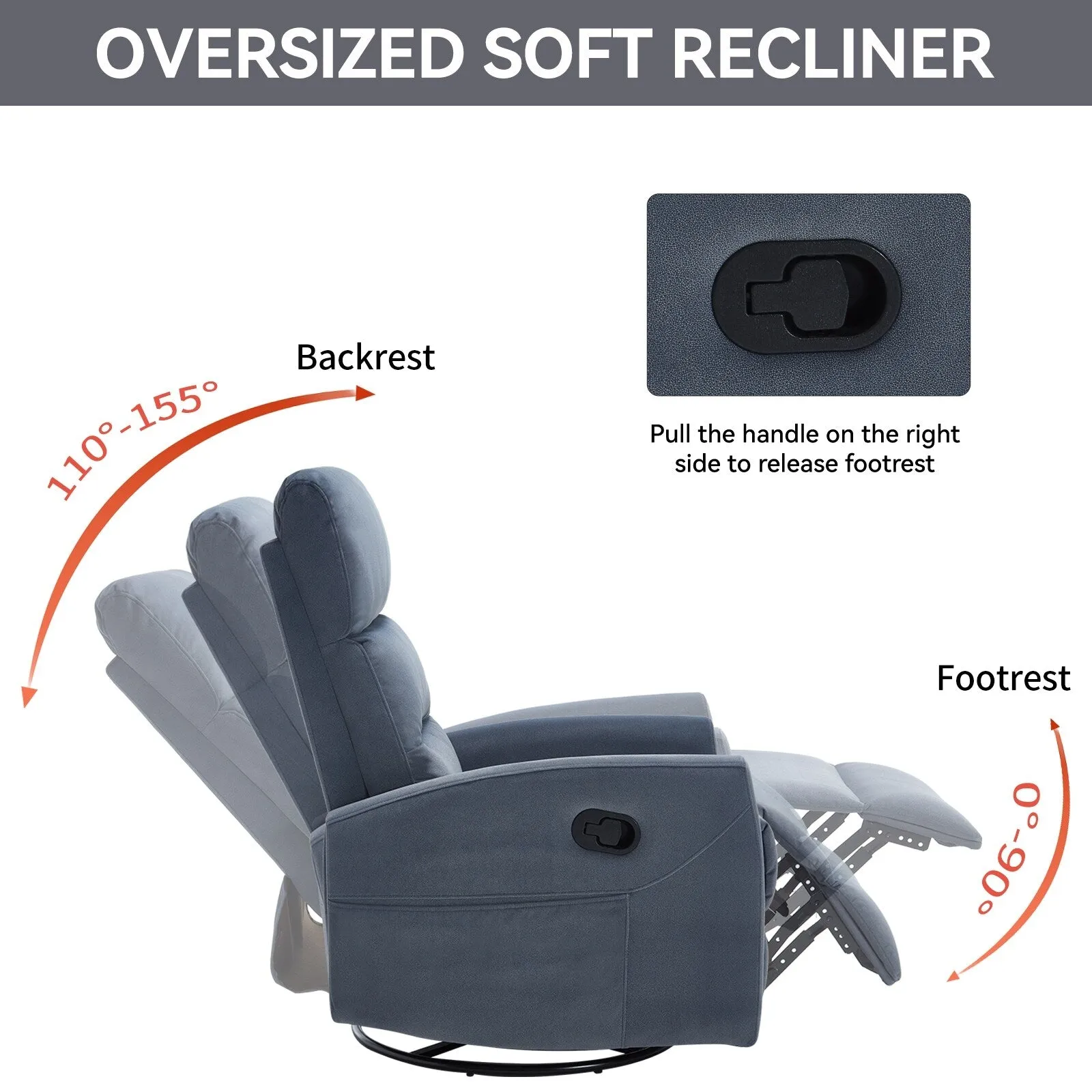 Manual Recliner Chair with Rocker and Swivel in Fabric for Living Room