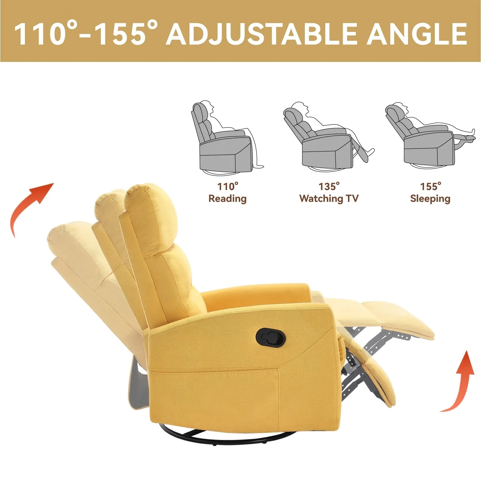 Manual Recliner Chair with Rocker and Swivel in Fabric for Living Room