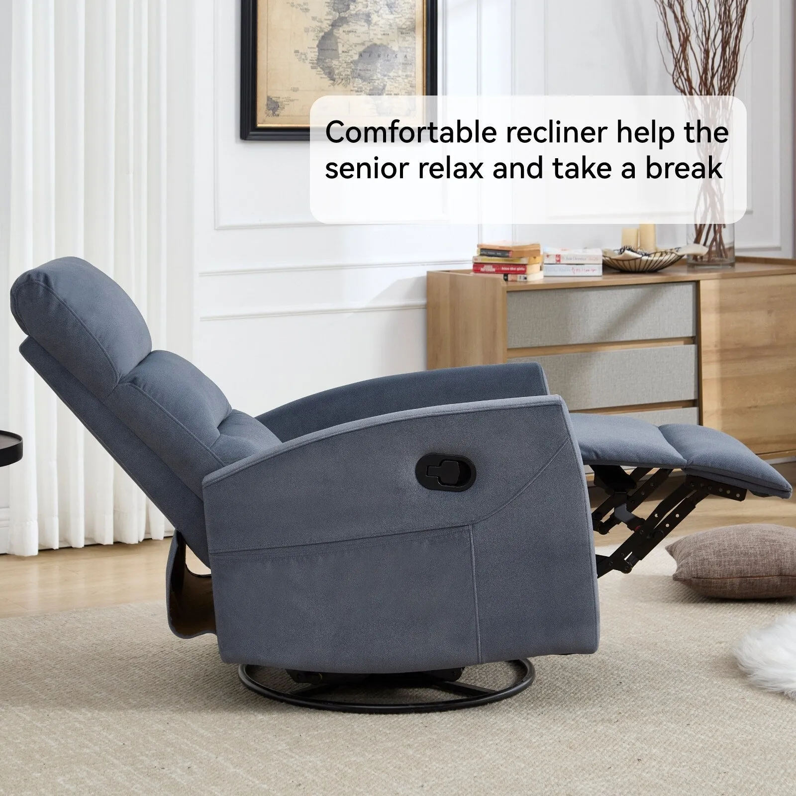 Manual Recliner Chair with Rocker and Swivel in Fabric for Living Room