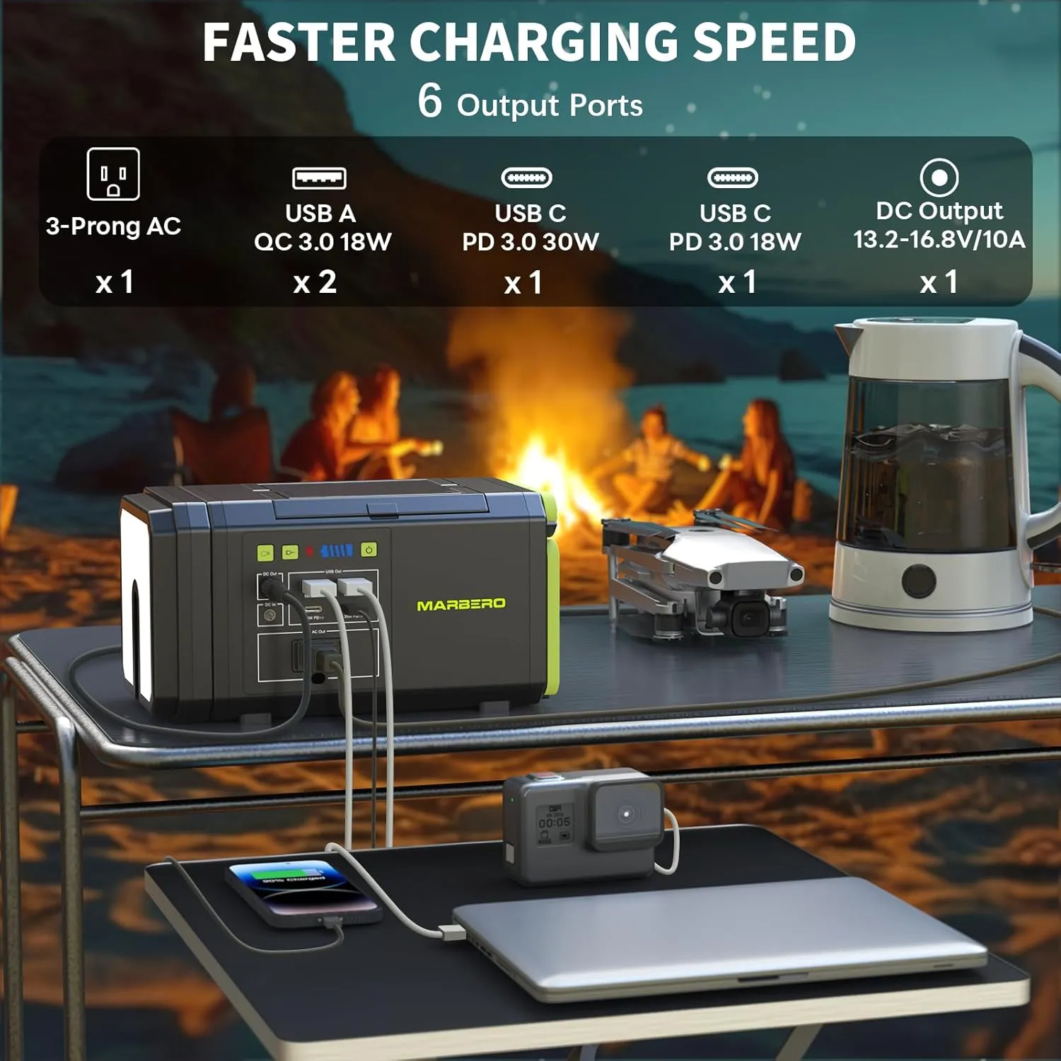 MARBERO 118Wh Portable Power Station with Telescopic Camping Lights for Camping Hiking 32000mAh 160W Max Power Bank with AC Outlet USB DC Output Solar Generator with Telecoping Light Emergency