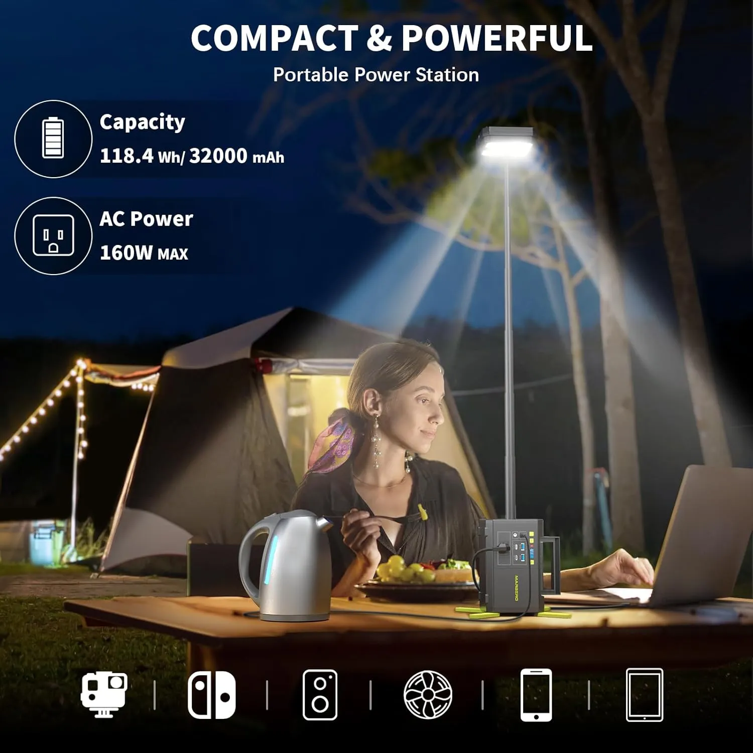 MARBERO 118Wh Portable Power Station with Telescopic Camping Lights for Camping Hiking 32000mAh 160W Max Power Bank with AC Outlet USB DC Output Solar Generator with Telecoping Light Emergency