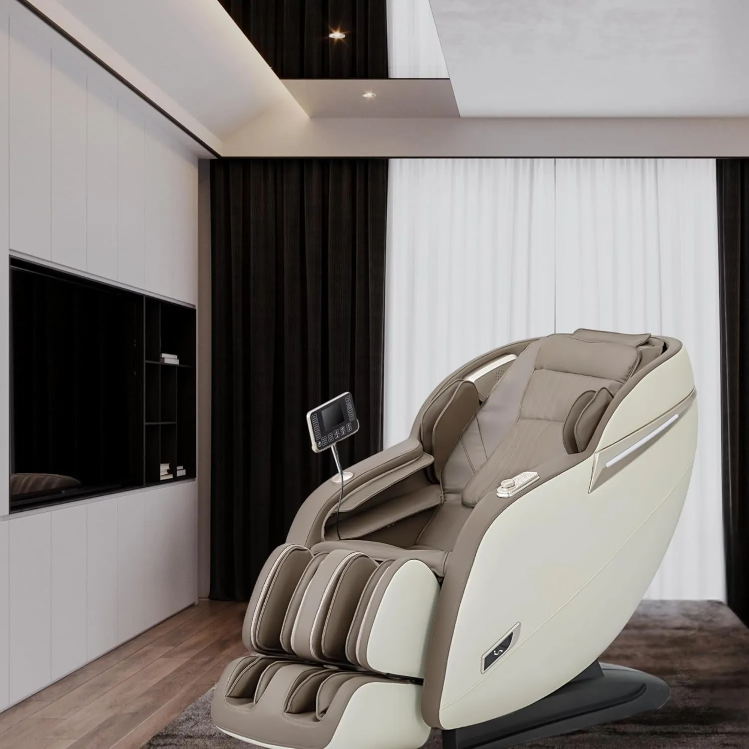 MassaMAX Full Body Massage Chair, Zero Gravity Recliner with Yoga Stretch, SL Track, Airbags, Heating, Touch Screen, and Foot Massage (MD906-Beige)