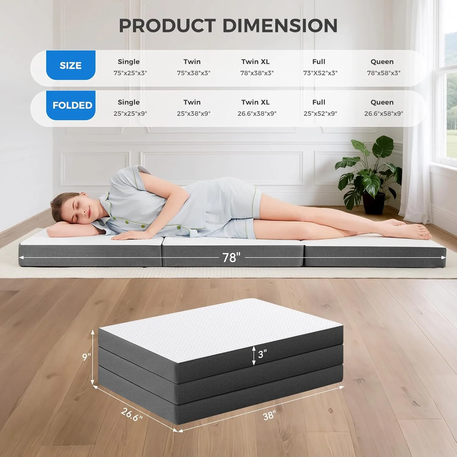 MASVIS Trifold Mattress, 3 Inch Memory Foam Foldable Mattress with Washable Cover, Tri-Folding Floor Bed for Camping, Twin XL