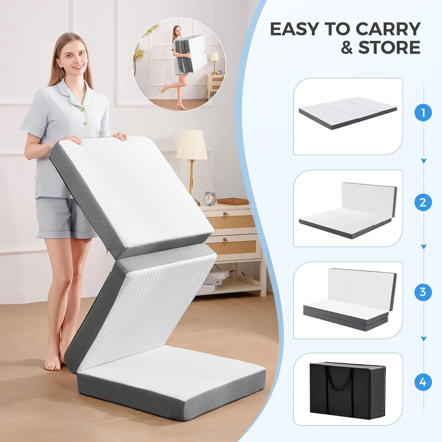 MASVIS Trifold Mattress, 3 Inch Memory Foam Foldable Mattress with Washable Cover, Tri-Folding Floor Bed for Camping, Twin XL