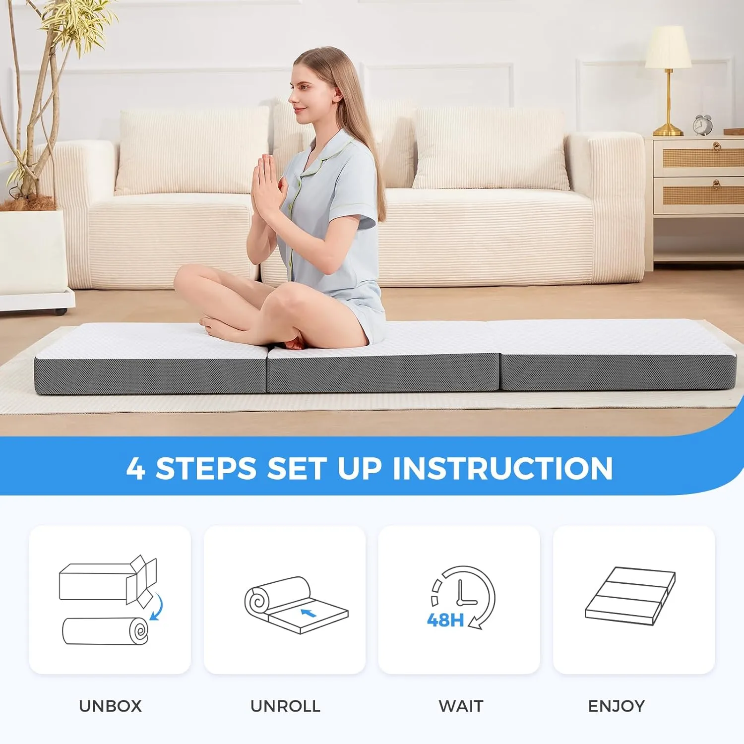 MASVIS Trifold Mattress, 3 Inch Memory Foam Foldable Mattress with Washable Cover, Tri-Folding Floor Bed for Camping, Twin XL