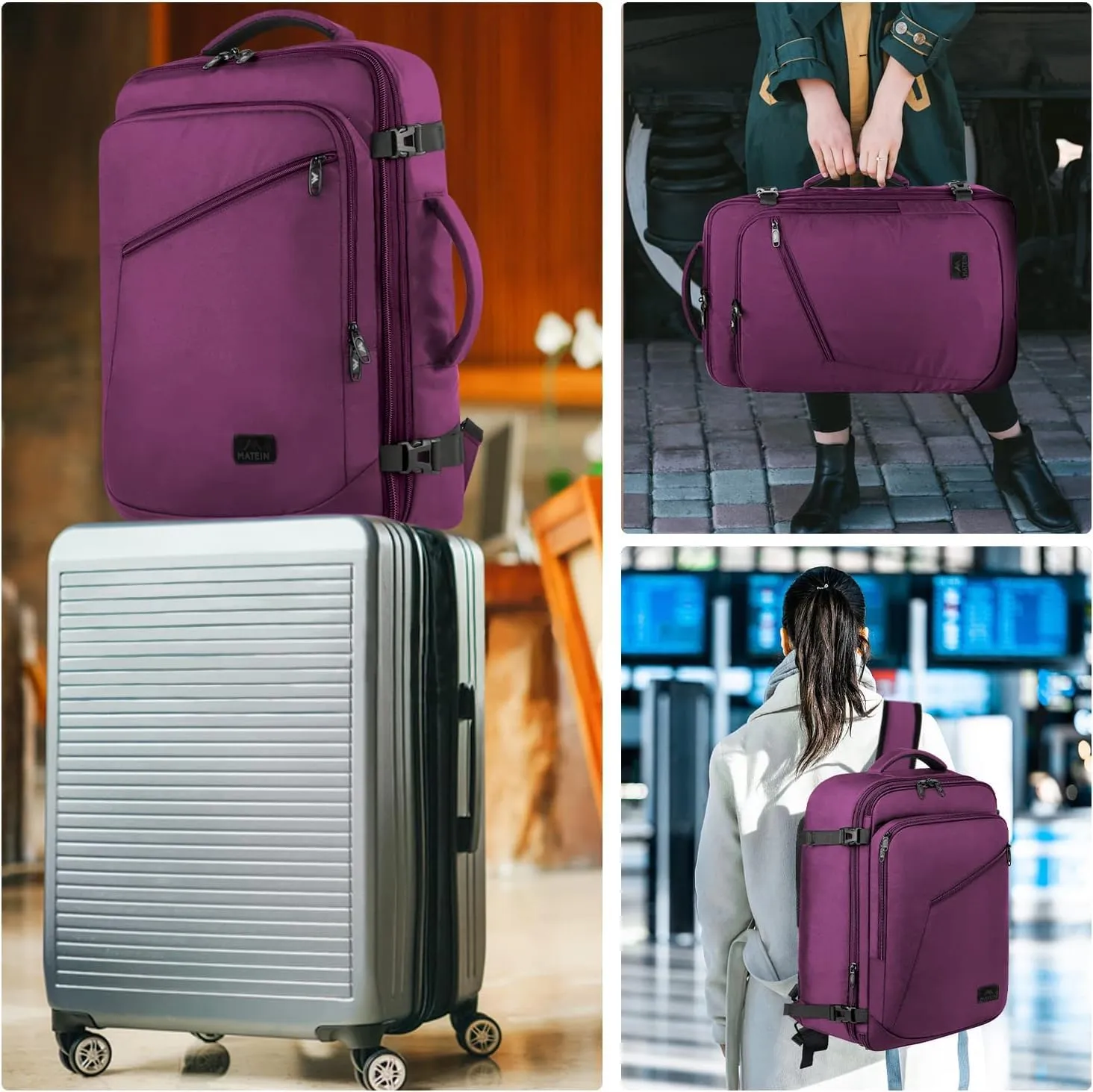 MATEIN Carry on Backpack for Women, 27L Flight Approved Backpack for Teacher Nurse, Fashion Expandable Airline Daypack for Plane, Lightweight Hiking Weekend Back Pack, Traveler Gifts, Purple