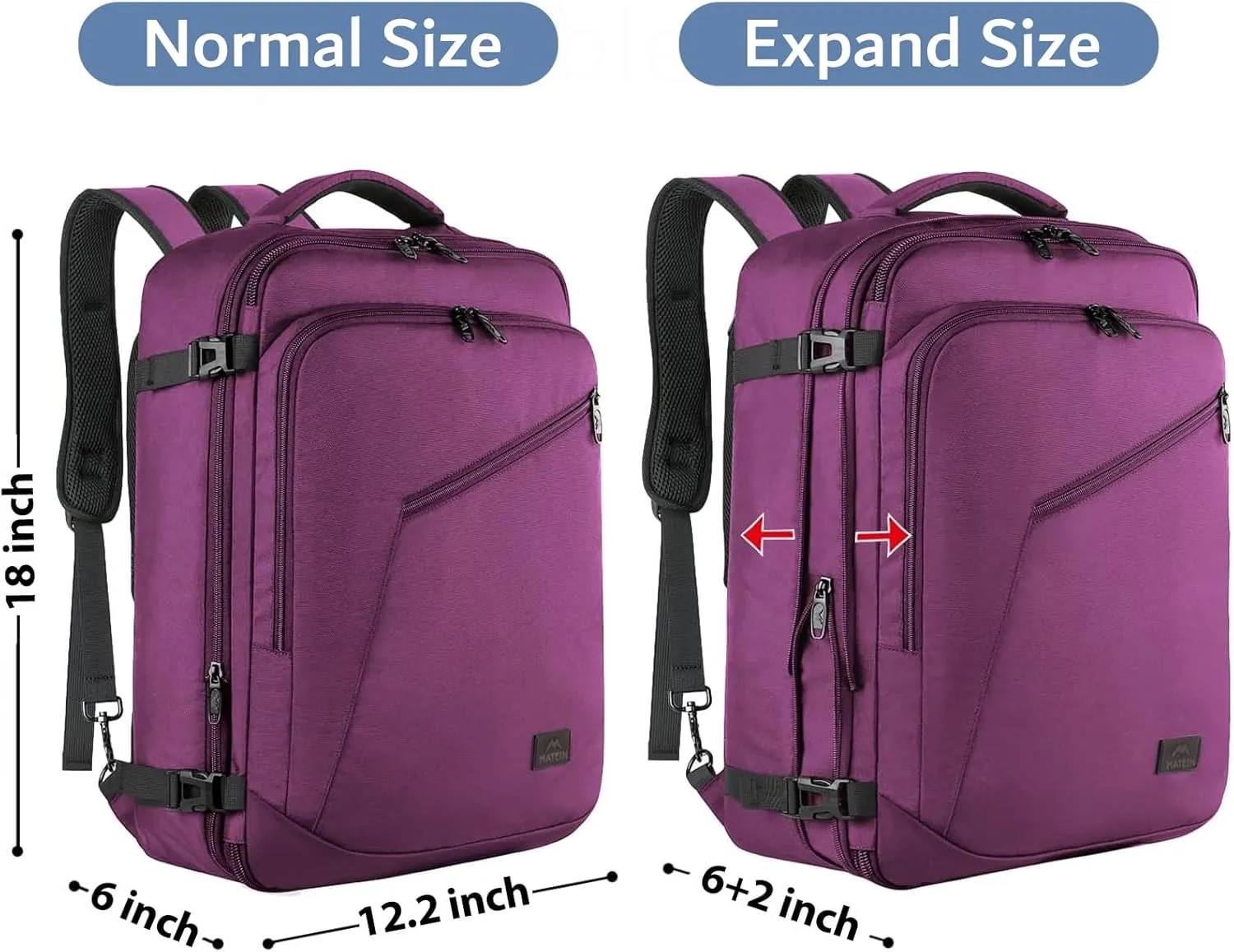 MATEIN Carry on Backpack for Women, 27L Flight Approved Backpack for Teacher Nurse, Fashion Expandable Airline Daypack for Plane, Lightweight Hiking Weekend Back Pack, Traveler Gifts, Purple
