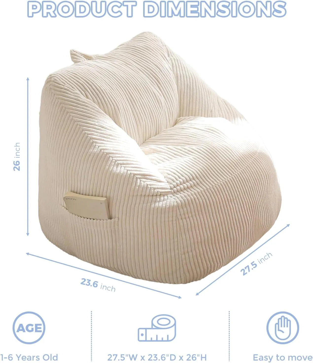 MAXYOYO Kids Bean Bag Chair, Bean Bag Couch with Handle, Comfy Toddler Chair for Boys and Girls, Accent Sofa Chair with Pocket for Gaming Reading Relaxing, Beige