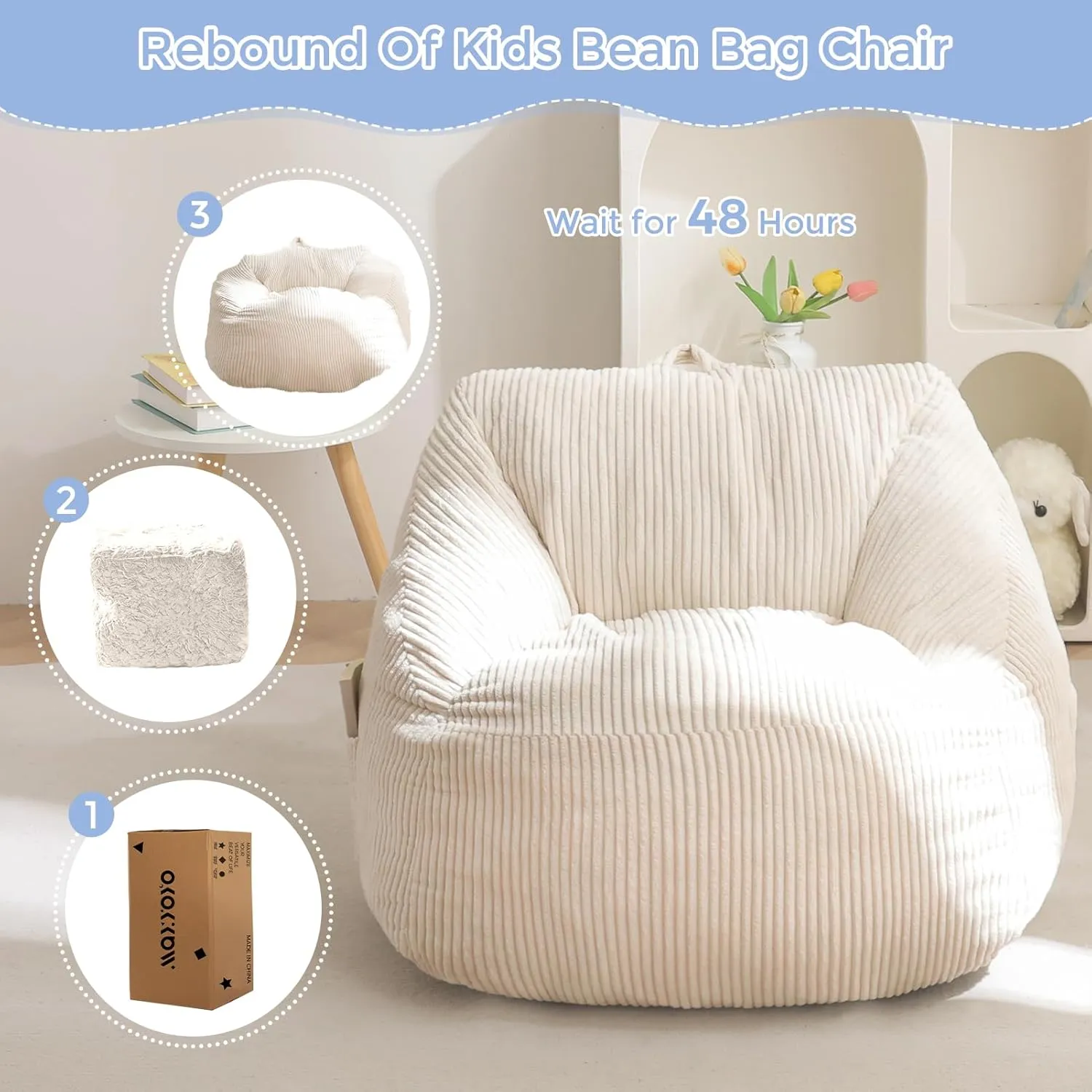 MAXYOYO Kids Bean Bag Chair, Bean Bag Couch with Handle, Comfy Toddler Chair for Boys and Girls, Accent Sofa Chair with Pocket for Gaming Reading Relaxing, Beige