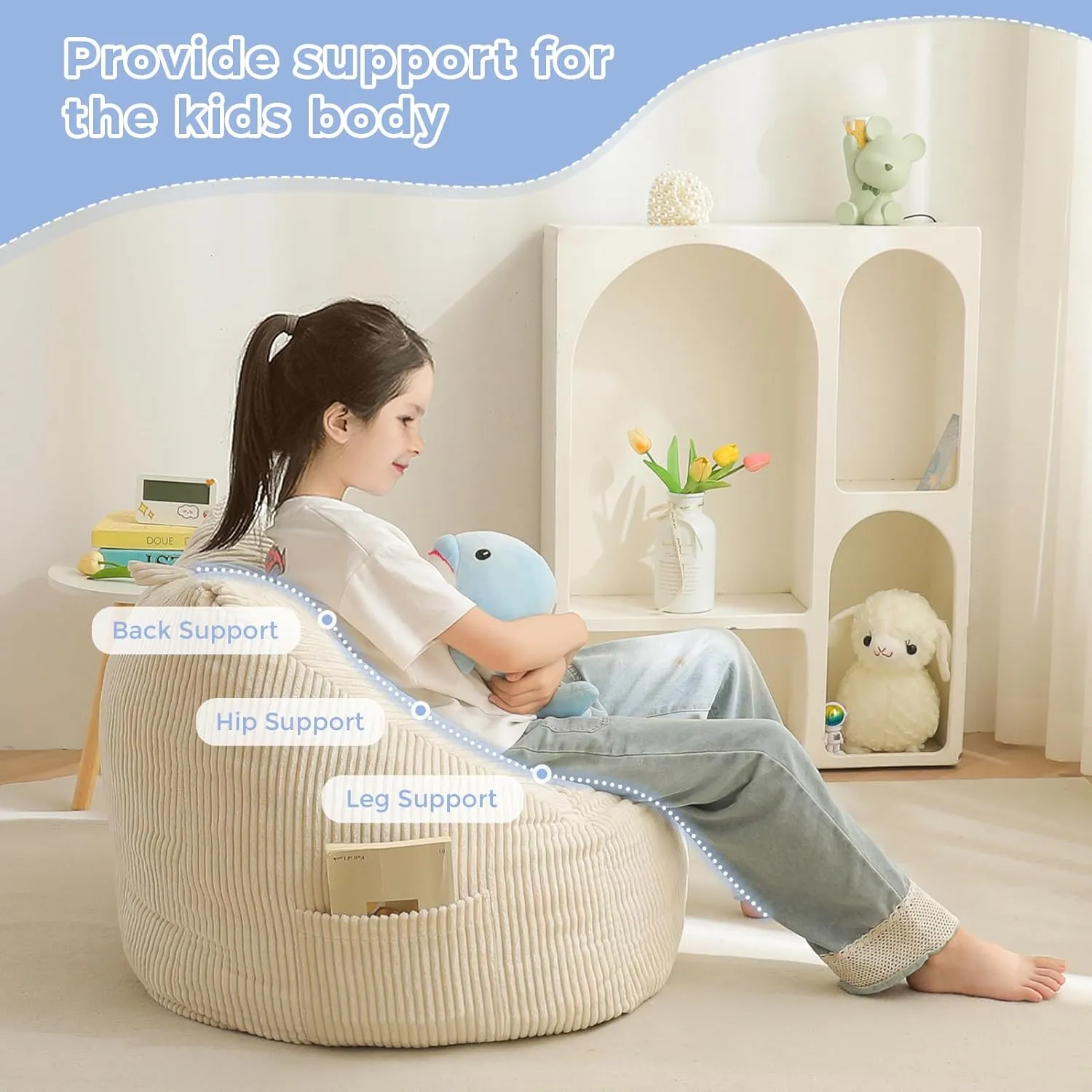 MAXYOYO Kids Bean Bag Chair, Bean Bag Couch with Handle, Comfy Toddler Chair for Boys and Girls, Accent Sofa Chair with Pocket for Gaming Reading Relaxing, Beige