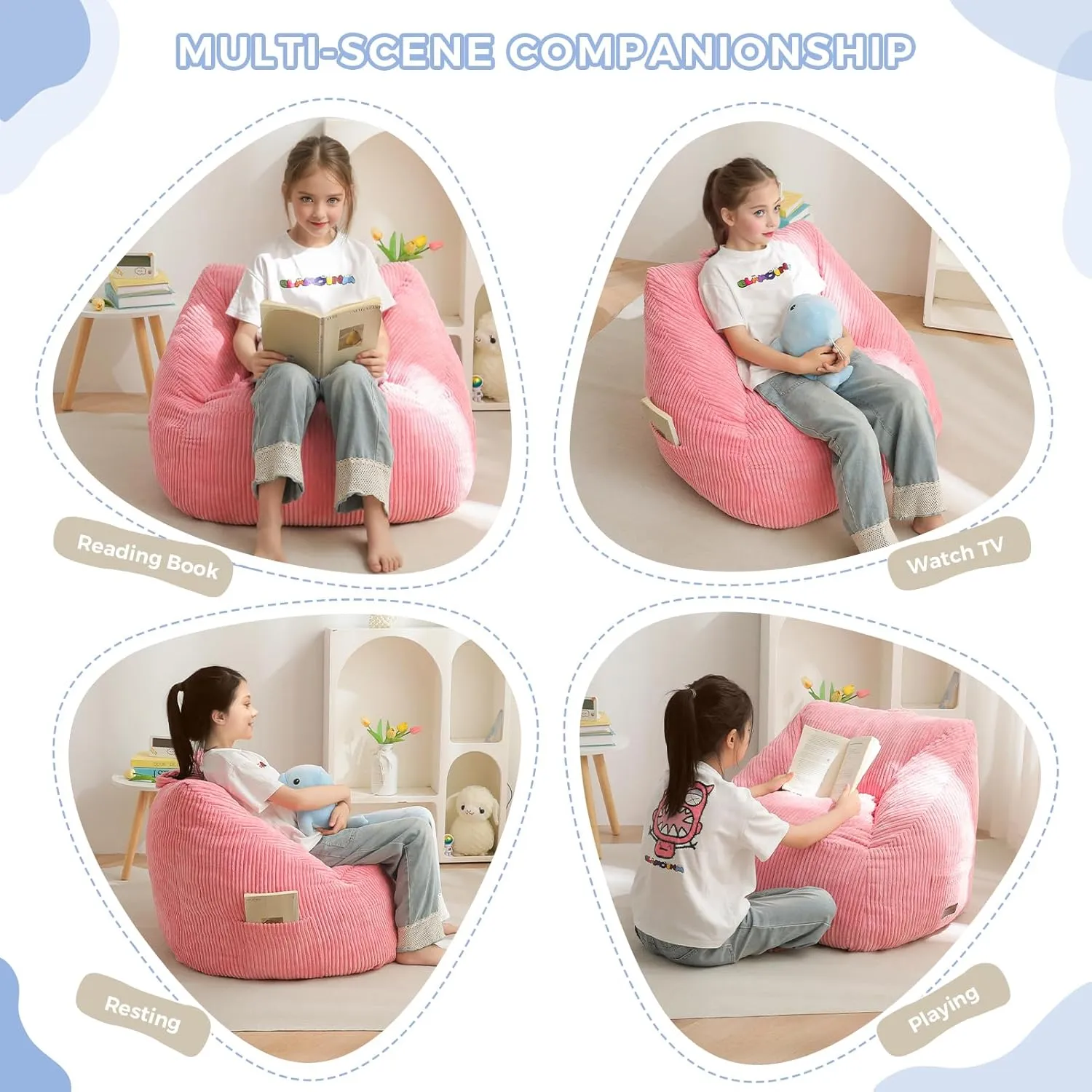 MAXYOYO Kids Bean Bag Chair, Bean Bag Couch with Handle, Comfy Toddler Chair for Boys and Girls, Accent Sofa Chair with Pocket for Gaming Reading Relaxing, Pink