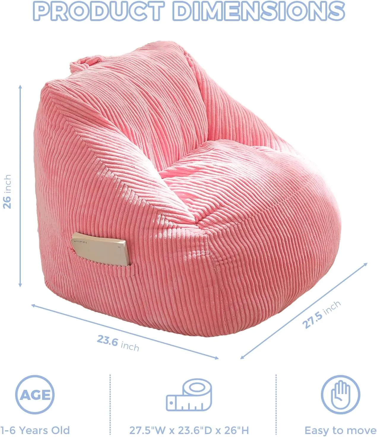 MAXYOYO Kids Bean Bag Chair, Bean Bag Couch with Handle, Comfy Toddler Chair for Boys and Girls, Accent Sofa Chair with Pocket for Gaming Reading Relaxing, Pink
