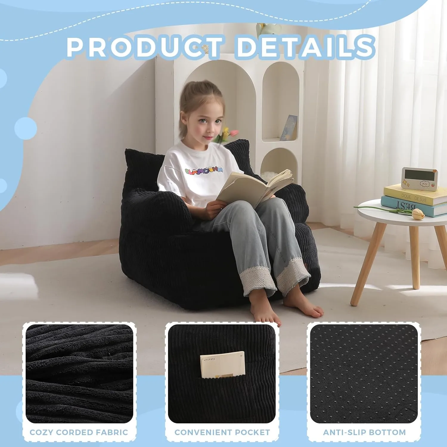 MAXYOYO Kids Bean Bag Chair, Stuffed Toddler Bean Bag Sofa with Filler Bean Bag Chair for Boys and Girls, Lazy Sofa with Pocket Floor Chair for Gaming, Reading