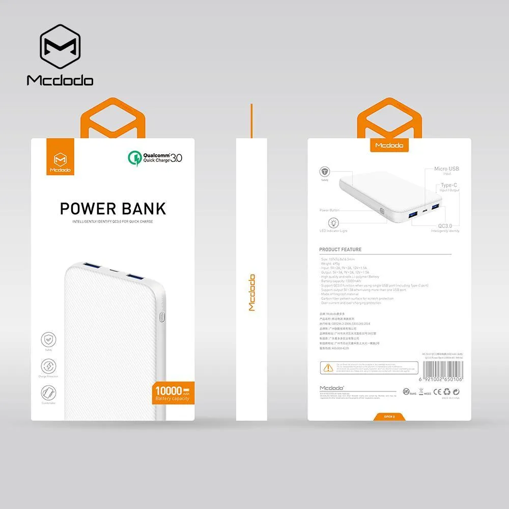 Mcdodo QC3.0 Power Bank with Dual USB Ports, with type-c and micro usb jack