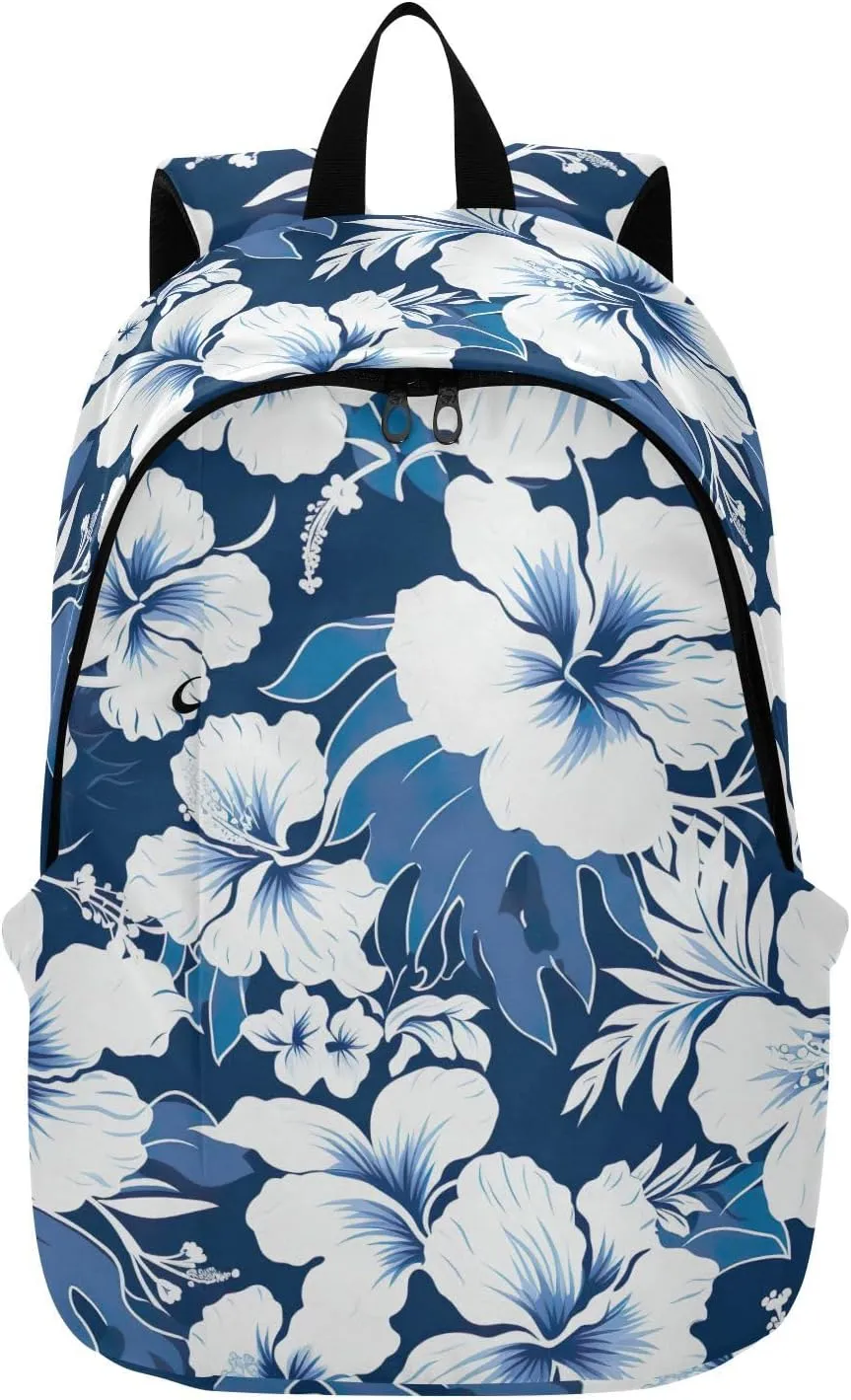 MCHIVER Travel Backpack Blue Hibiscus Florals Leaf Casual Daypack Backpacks Lightweight Carry on Bag Water Resistant Hiking Backpack for Men and Women