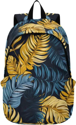 MCHIVER Travel Backpack Tropical Leaf Golden Blue Casual Daypack Backpacks Lightweight Carry on Bag Water Resistant Hiking Backpack for Men and Women