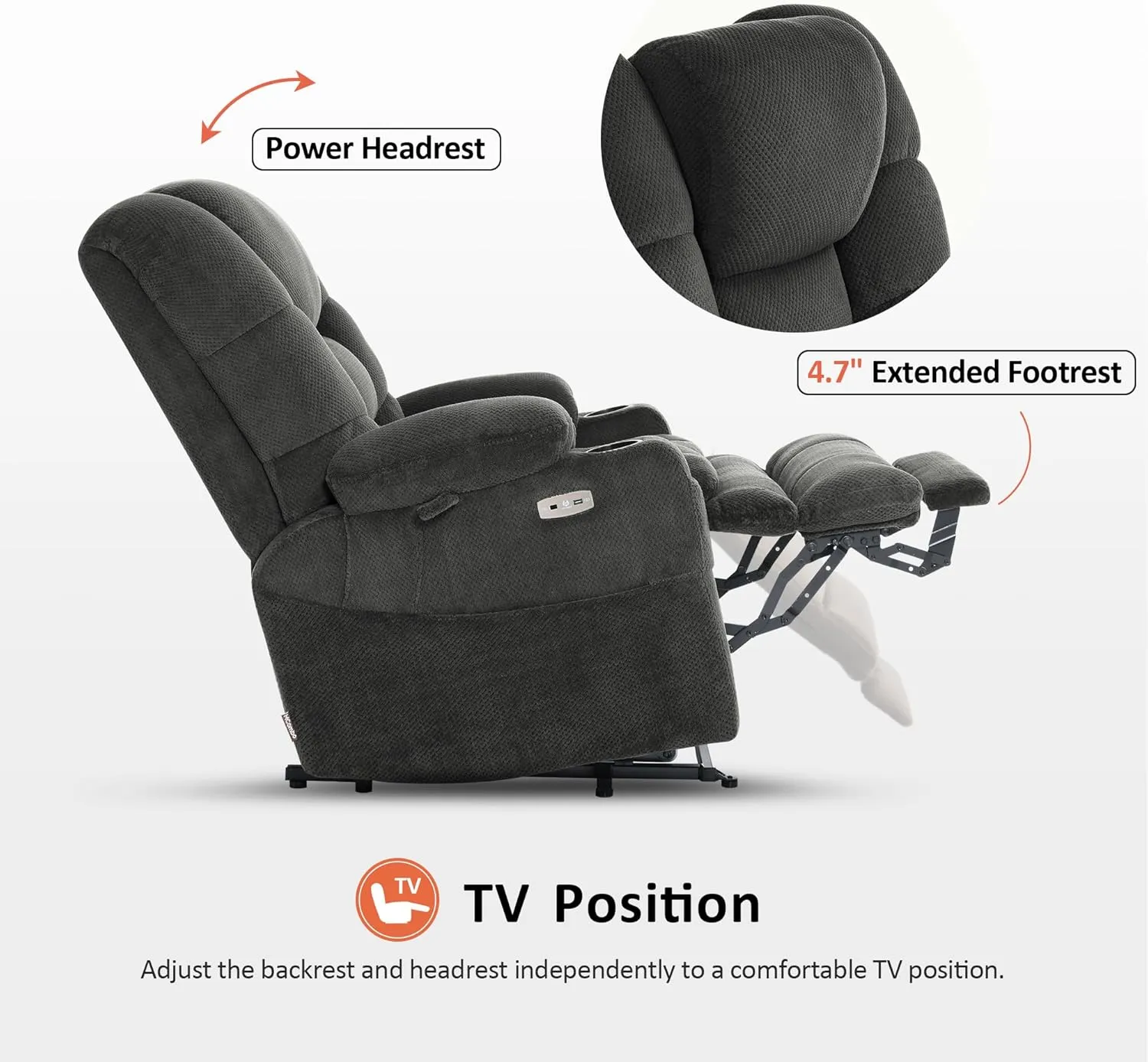 MCombo Oversized Triple Motor Power Lift Recliner Chair with Massage and Dual Heating, Adjustable Headrest for Big and Tall Elderly People, Fabric R7635 (Grey, Oversize)