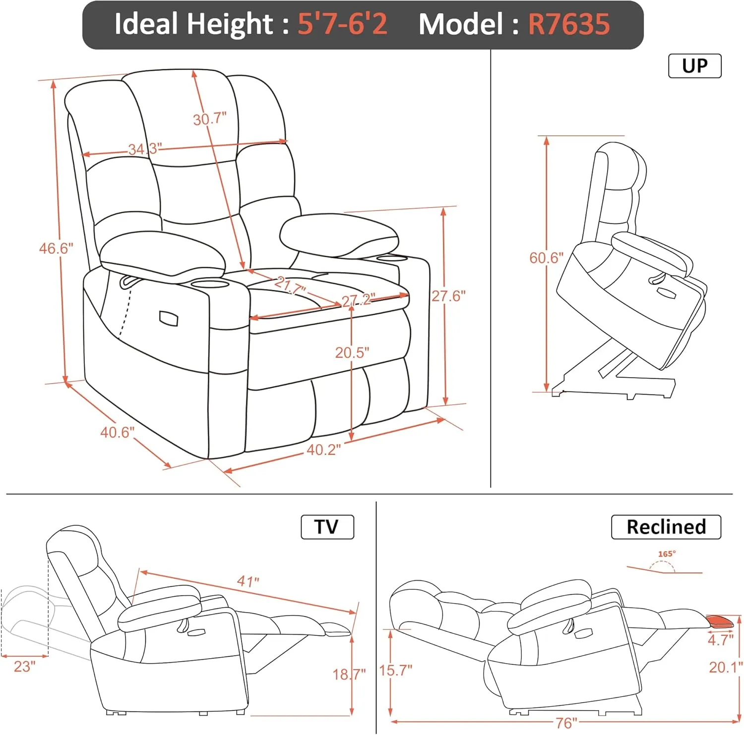 MCombo Oversized Triple Motor Power Lift Recliner Chair with Massage and Dual Heating, Adjustable Headrest for Big and Tall Elderly People, Fabric R7635 (Grey, Oversize)