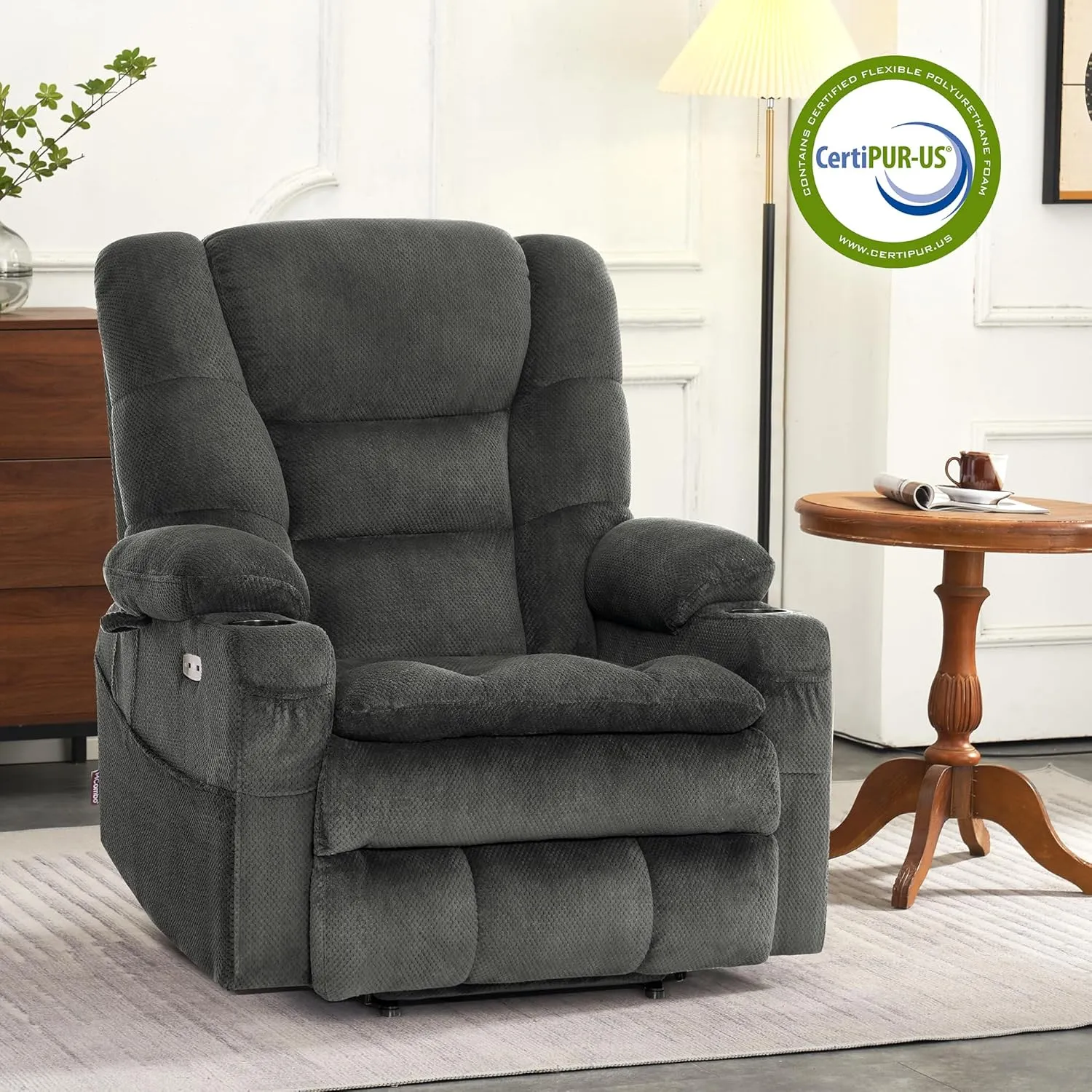 MCombo Oversized Triple Motor Power Lift Recliner Chair with Massage and Dual Heating, Adjustable Headrest for Big and Tall Elderly People, Fabric R7635 (Grey, Oversize)
