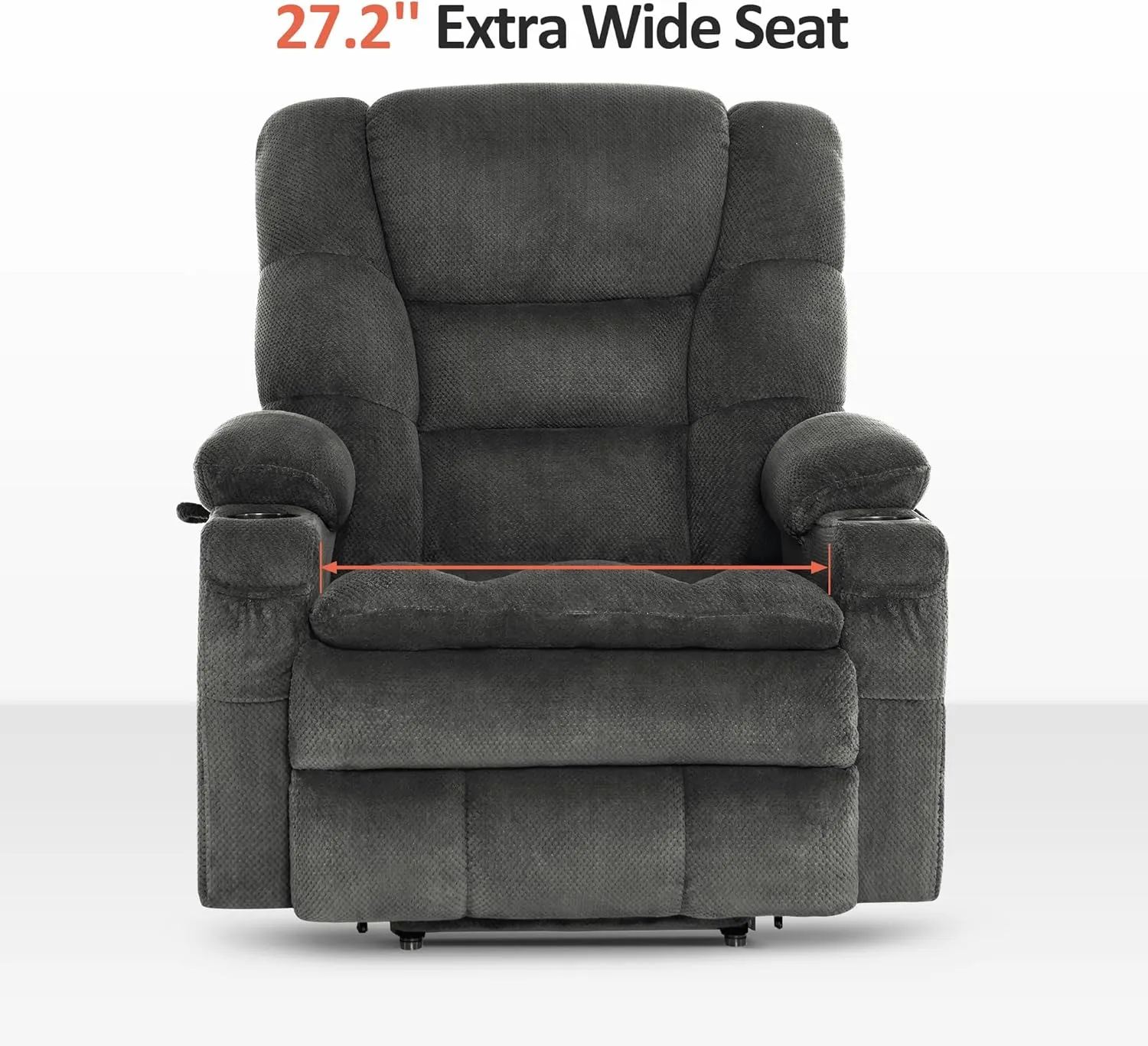 MCombo Oversized Triple Motor Power Lift Recliner Chair with Massage and Dual Heating, Adjustable Headrest for Big and Tall Elderly People, Fabric R7635 (Grey, Oversize)
