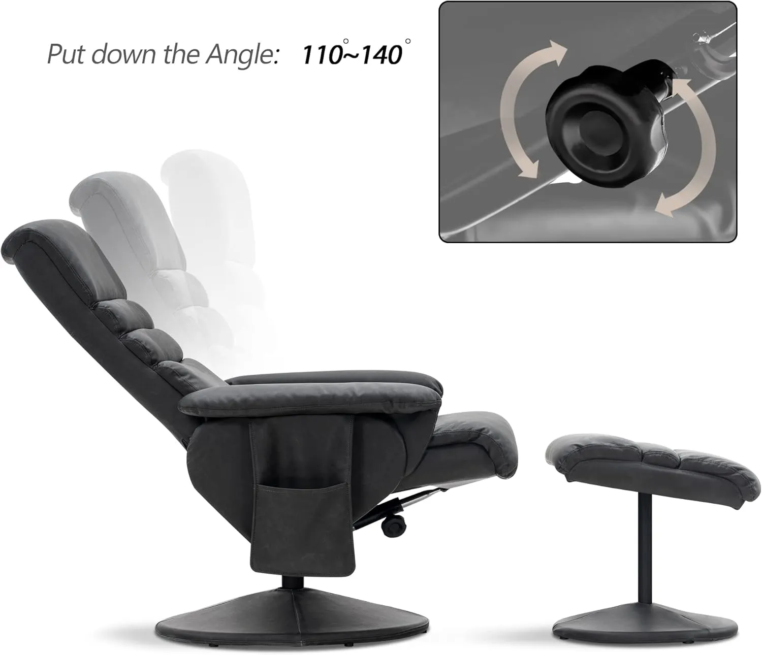 MCombo Recliner with Ottoman, Reclining Chair with Massage, 360 Swivel Living Room Chair Faux Leather, 7902 (Dark Grey)
