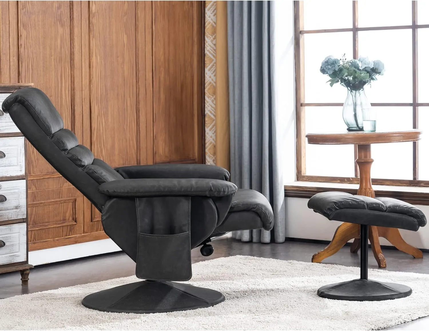 MCombo Recliner with Ottoman, Reclining Chair with Massage, 360 Swivel Living Room Chair Faux Leather, 7902 (Dark Grey)