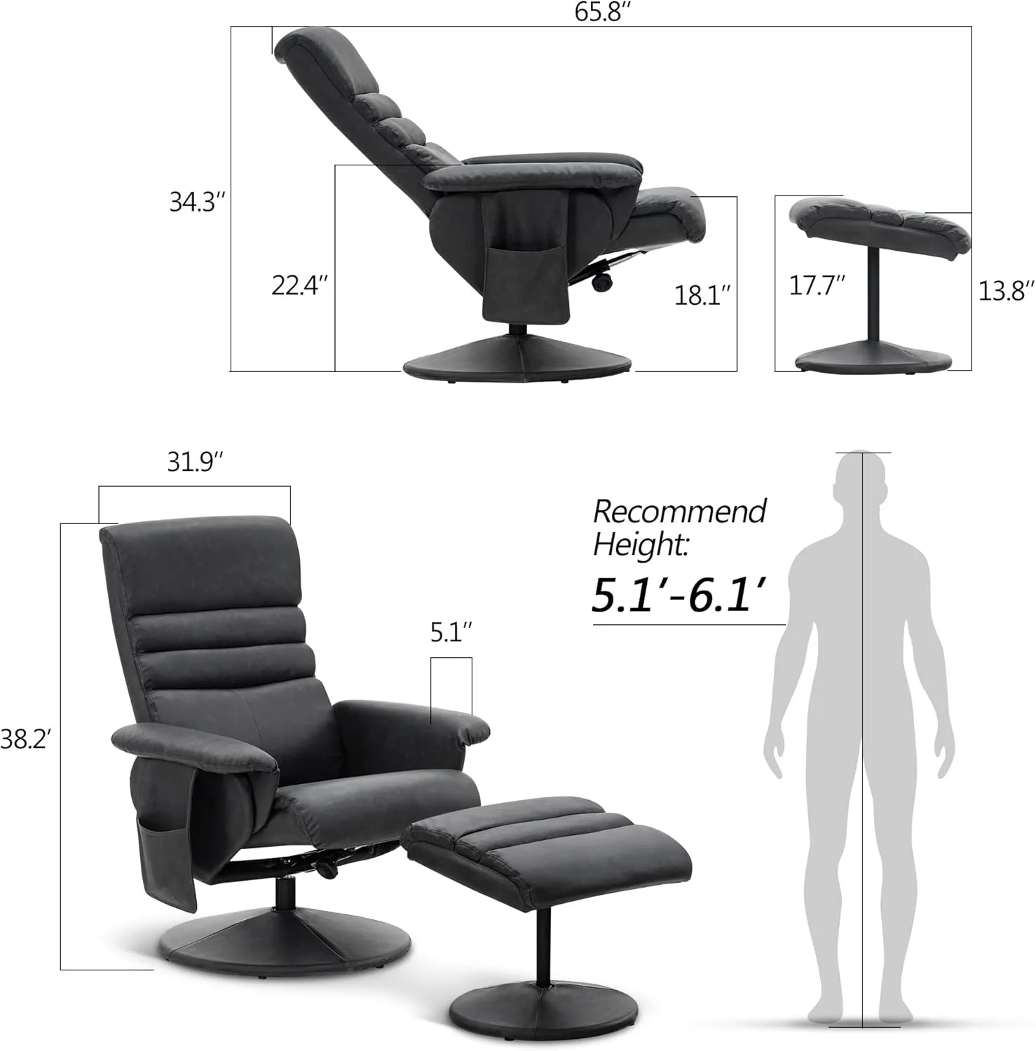 MCombo Recliner with Ottoman, Reclining Chair with Massage, 360 Swivel Living Room Chair Faux Leather, 7902 (Dark Grey)