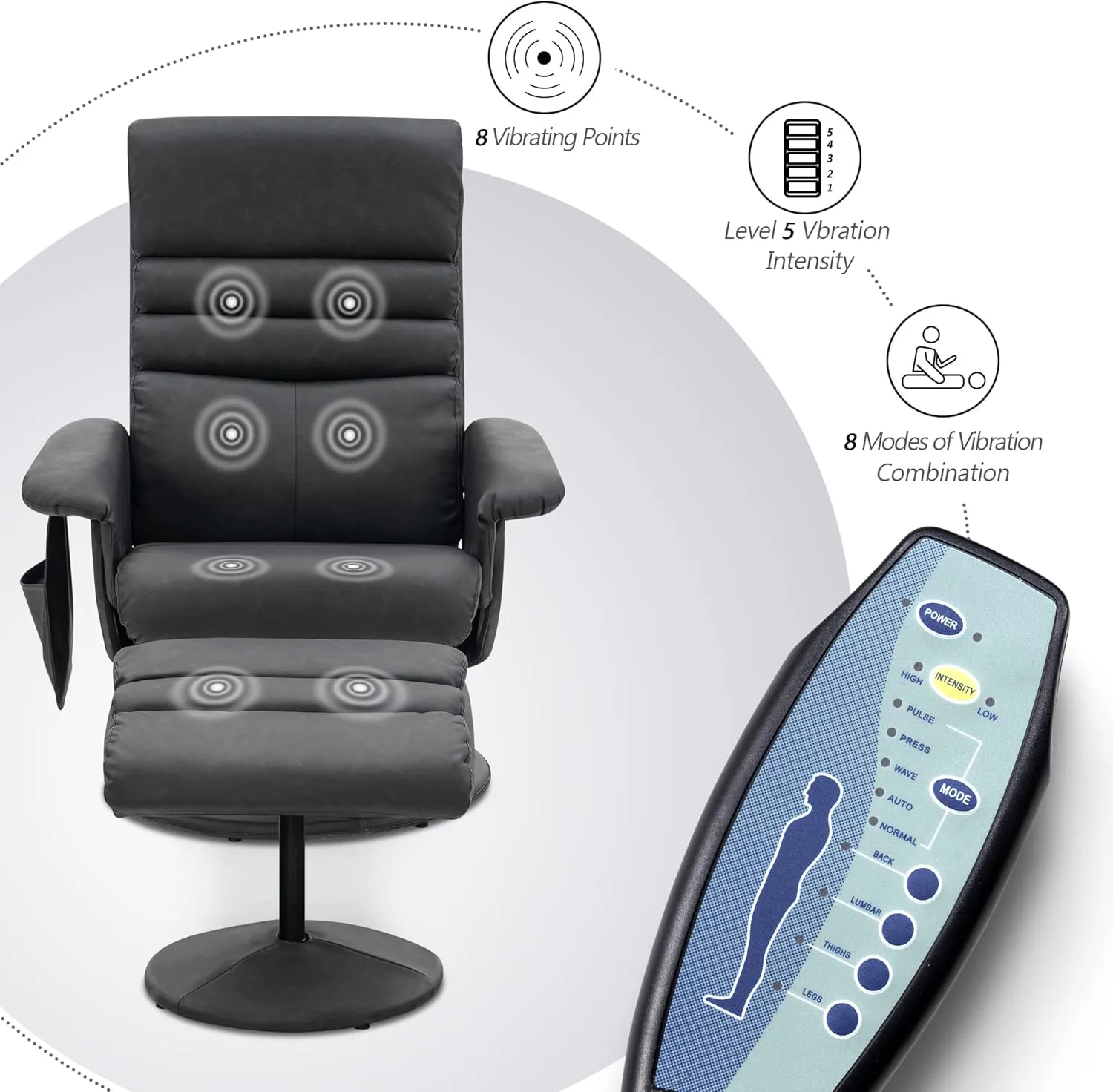 MCombo Recliner with Ottoman, Reclining Chair with Massage, 360 Swivel Living Room Chair Faux Leather, 7902 (Dark Grey)