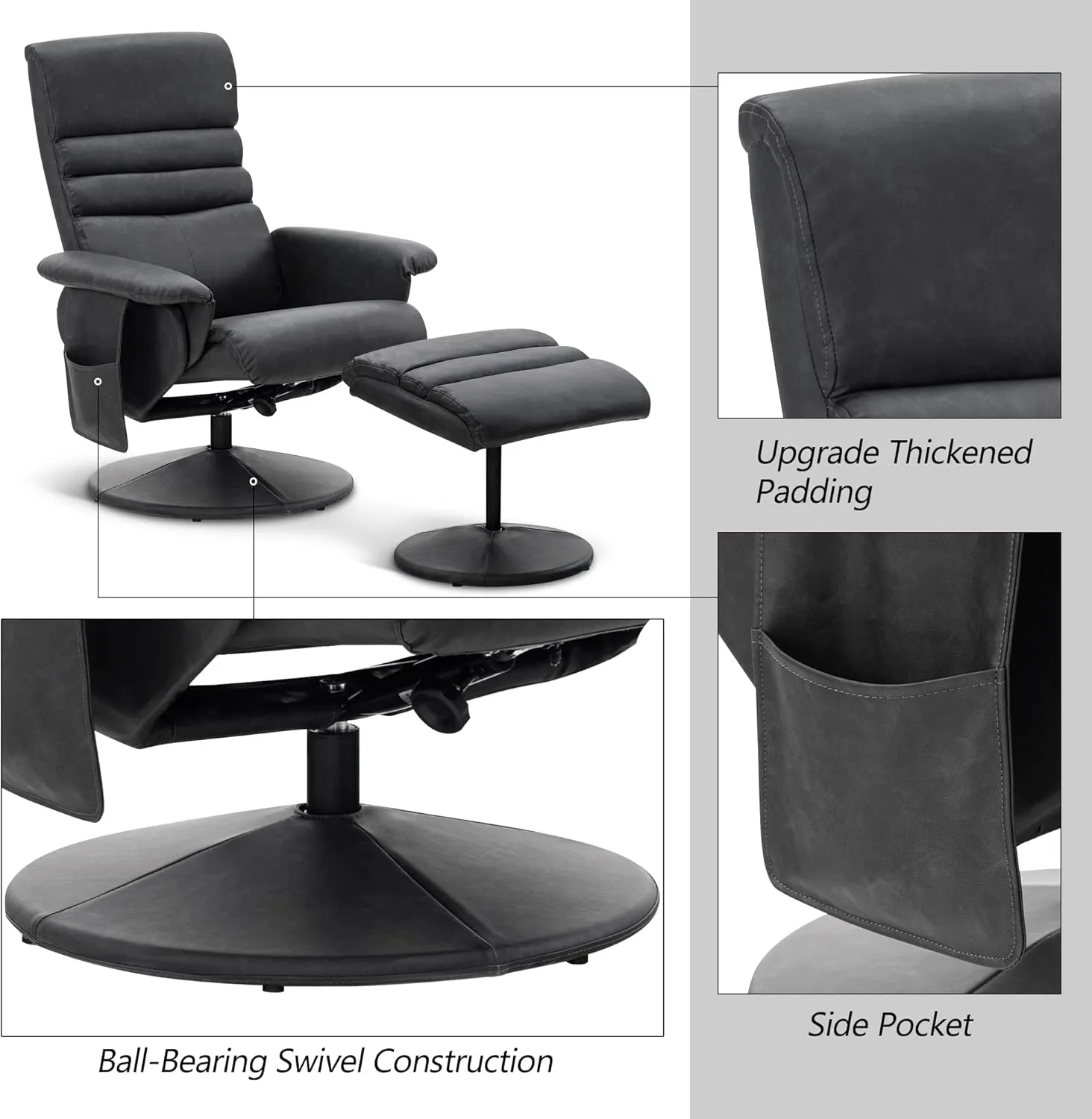 MCombo Recliner with Ottoman, Reclining Chair with Massage, 360 Swivel Living Room Chair Faux Leather, 7902 (Dark Grey)