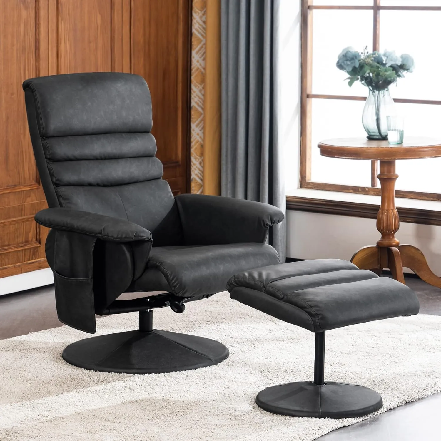 MCombo Recliner with Ottoman, Reclining Chair with Massage, 360 Swivel Living Room Chair Faux Leather, 7902 (Dark Grey)