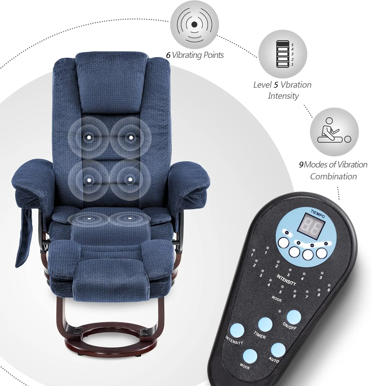 MCombo Swivel Recliner with Ottoman Chair, TV Chair Sets with Vibration Massage, for Small Space Living Room Bedroom 9099 (Textile, Blue)