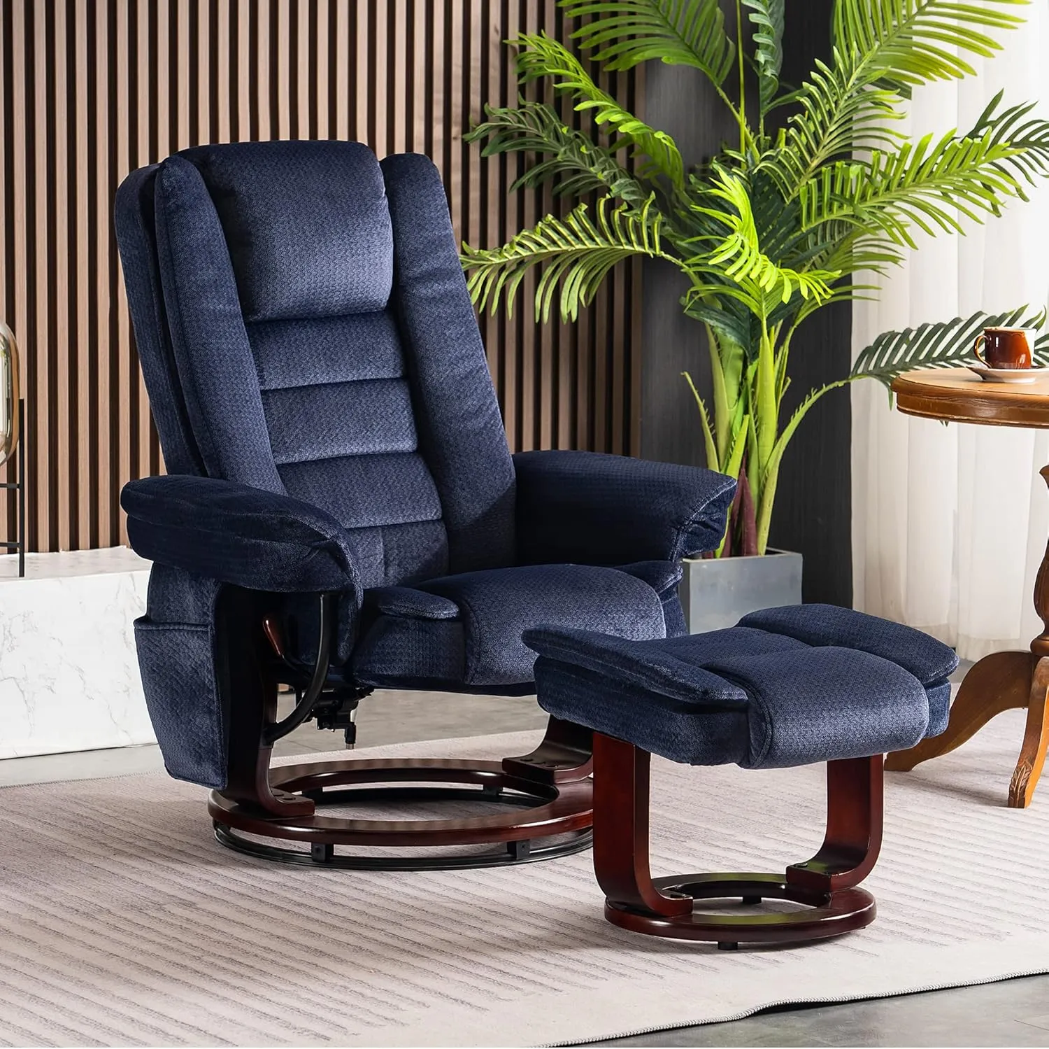 MCombo Swivel Recliner with Ottoman Chair, TV Chair Sets with Vibration Massage, for Small Space Living Room Bedroom 9099 (Textile, Blue)