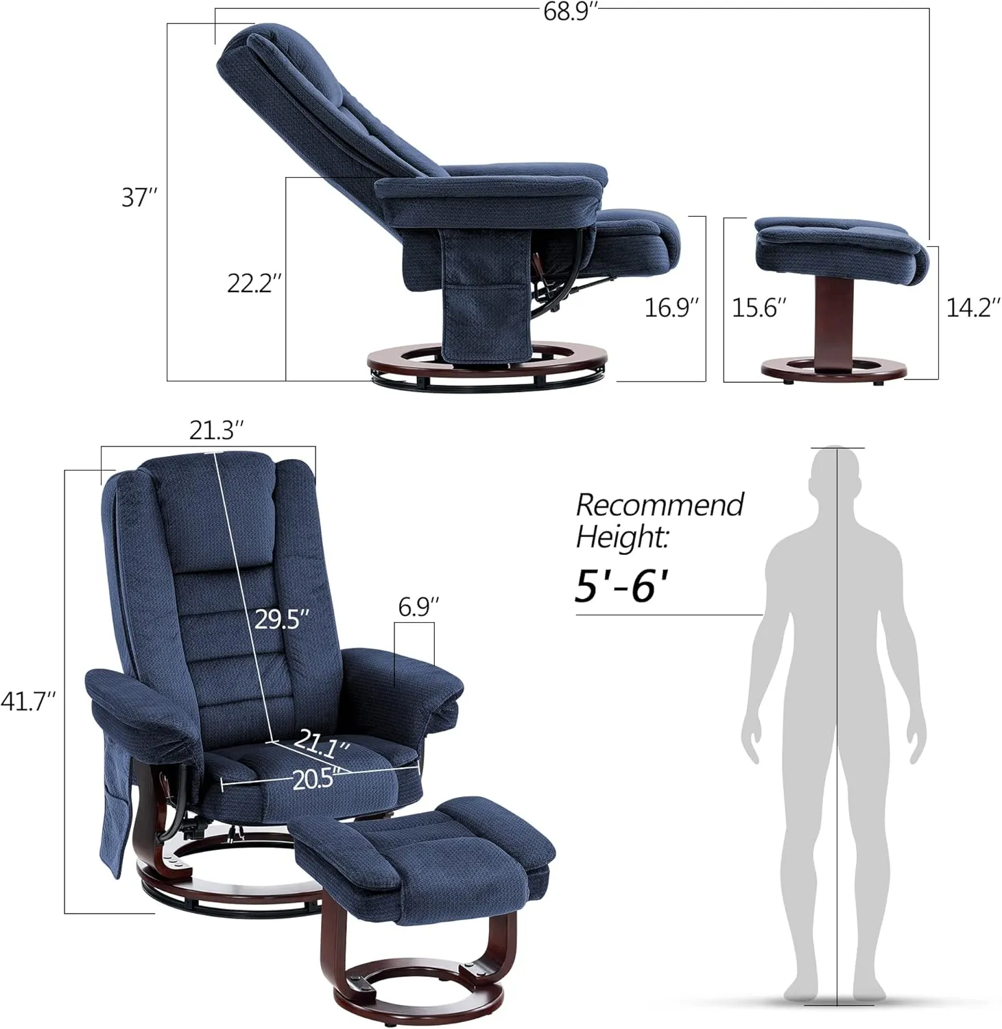 MCombo Swivel Recliner with Ottoman Chair, TV Chair Sets with Vibration Massage, for Small Space Living Room Bedroom 9099 (Textile, Blue)