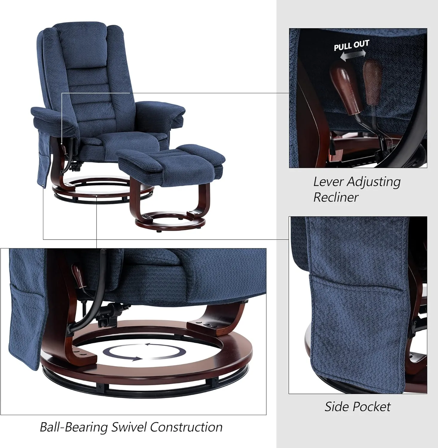 MCombo Swivel Recliner with Ottoman Chair, TV Chair Sets with Vibration Massage, for Small Space Living Room Bedroom 9099 (Textile, Blue)