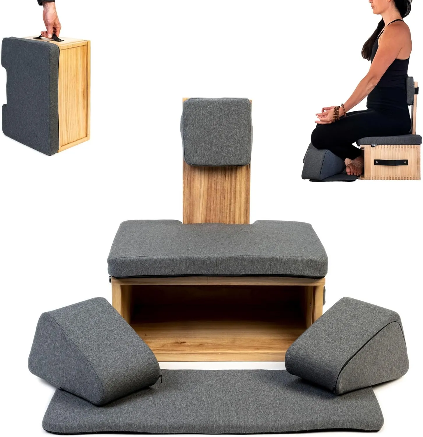Meditation Box Chair with Back Support | Posture Seat with Padded Leg Wedges, Foot Pad and Supportive Backrest | Portable Lightweight Meditation Floor Chair