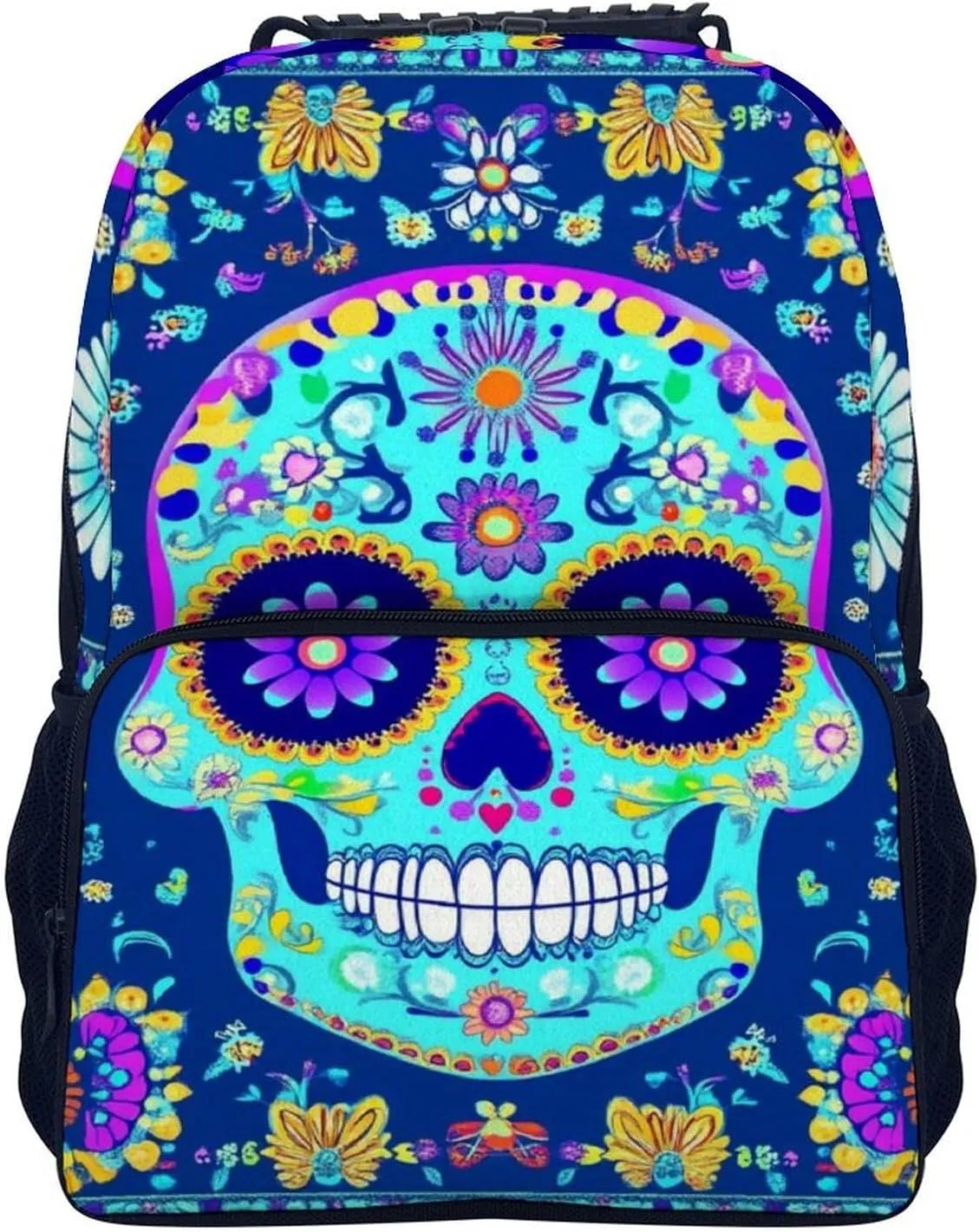 Men & Women Lightweight Day Of The Dead Flowers Mexican Sugar Skulls Casual Daypack Large Capacity Bookbag With Adjustable Shoulder Straps for Gym Business Bicycle