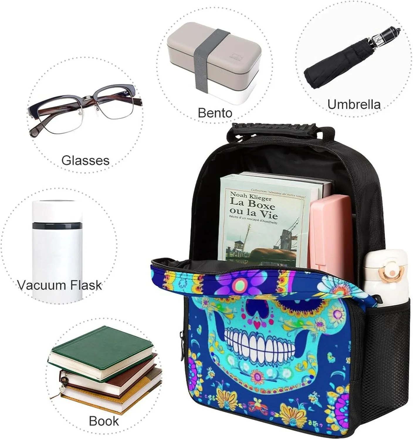 Men & Women Lightweight Day Of The Dead Flowers Mexican Sugar Skulls Casual Daypack Large Capacity Bookbag With Adjustable Shoulder Straps for Gym Business Bicycle