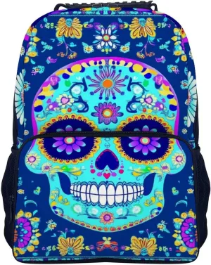 Men & Women Lightweight Day Of The Dead Flowers Mexican Sugar Skulls Casual Daypack Large Capacity Bookbag With Adjustable Shoulder Straps for Gym Business Bicycle
