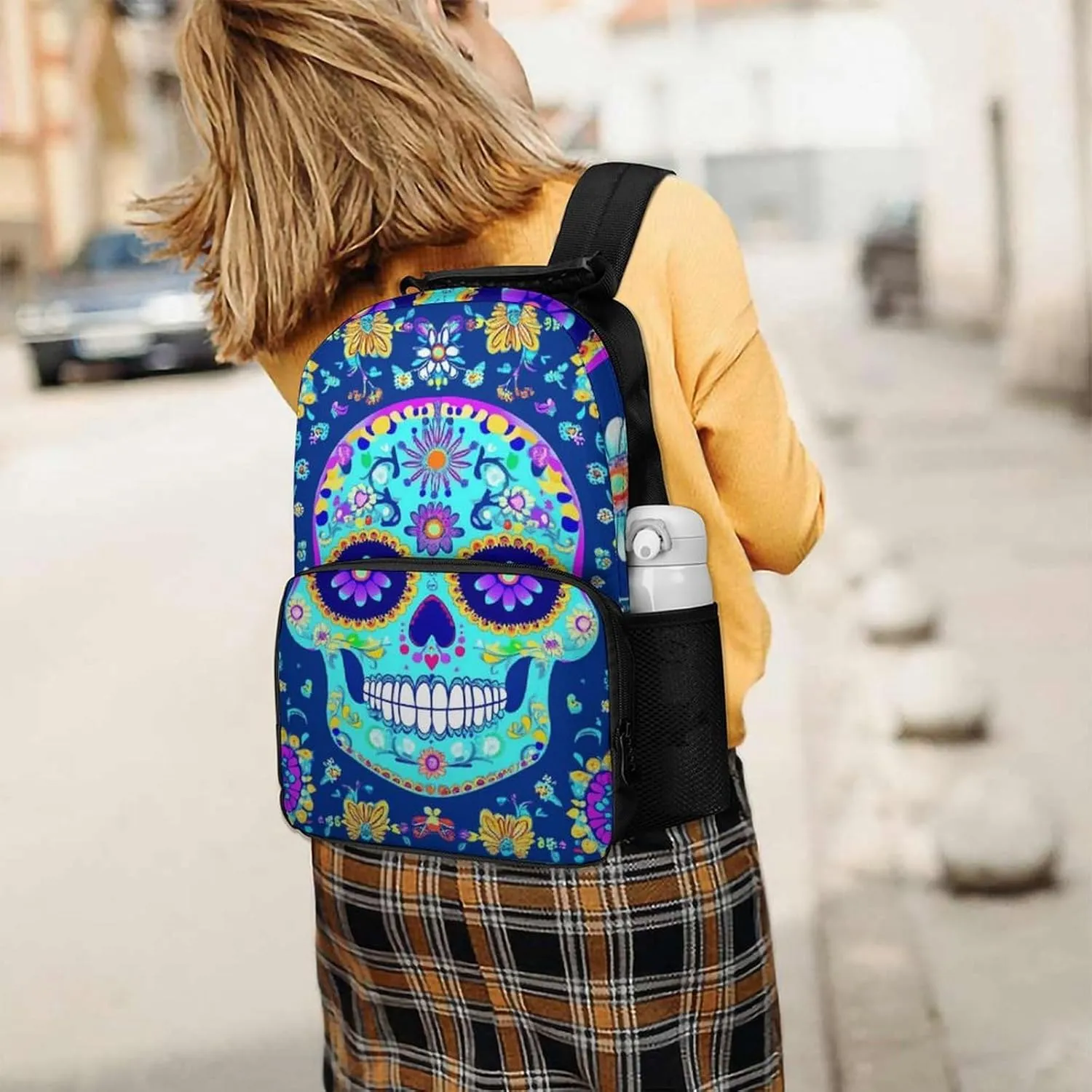 Men & Women Lightweight Day Of The Dead Flowers Mexican Sugar Skulls Casual Daypack Large Capacity Bookbag With Adjustable Shoulder Straps for Gym Business Bicycle