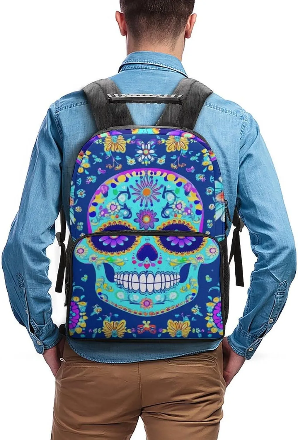 Men & Women Lightweight Day Of The Dead Flowers Mexican Sugar Skulls Casual Daypack Large Capacity Bookbag With Adjustable Shoulder Straps for Gym Business Bicycle