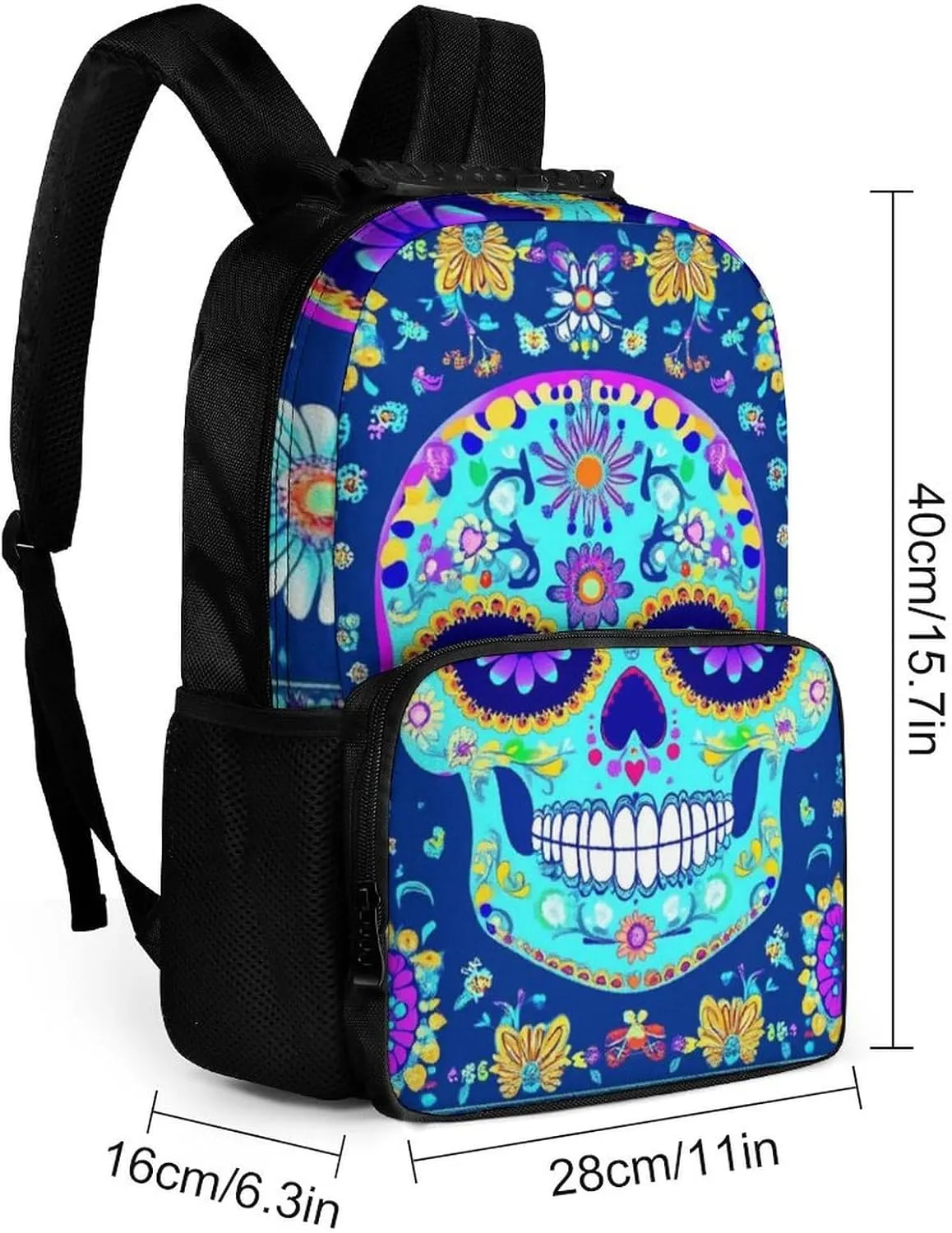 Men & Women Lightweight Day Of The Dead Flowers Mexican Sugar Skulls Casual Daypack Large Capacity Bookbag With Adjustable Shoulder Straps for Gym Business Bicycle