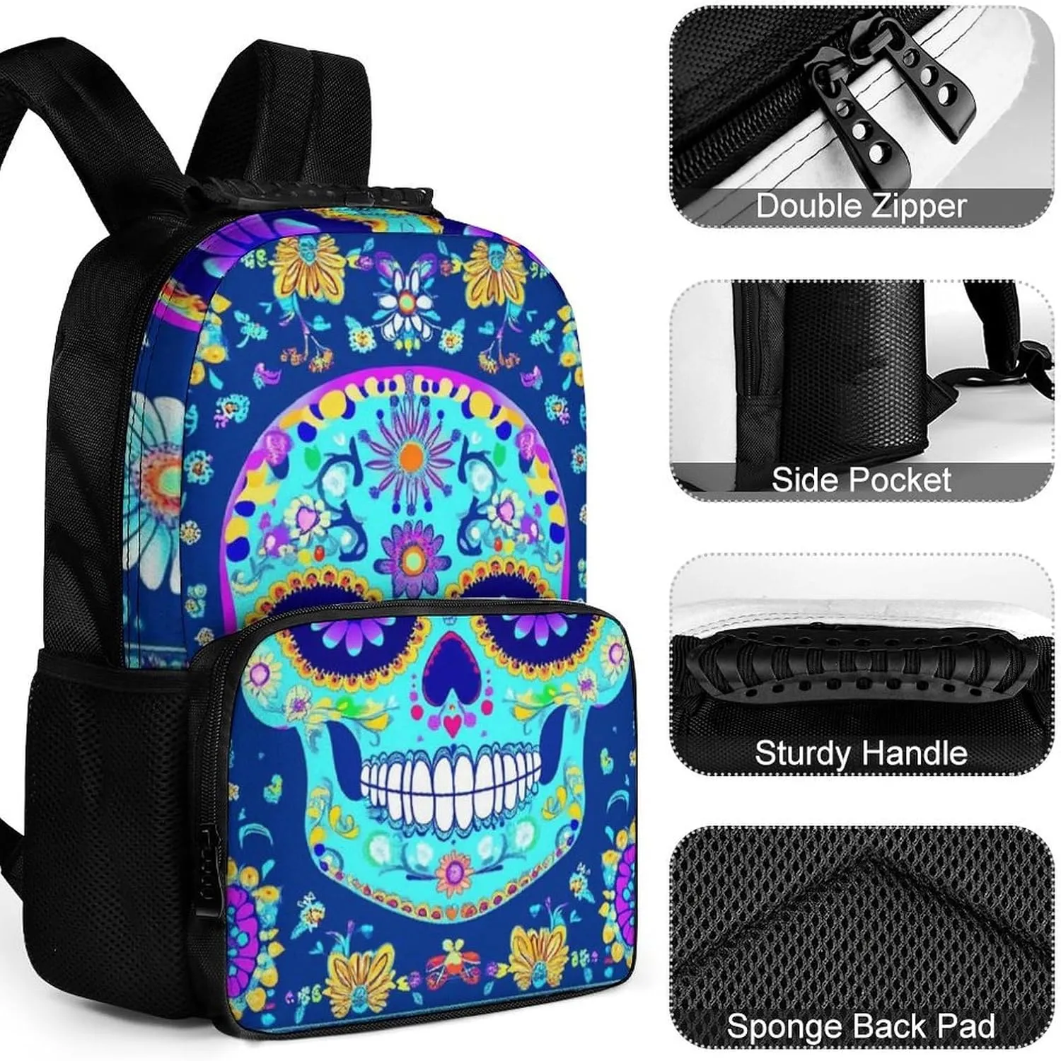 Men & Women Lightweight Day Of The Dead Flowers Mexican Sugar Skulls Casual Daypack Large Capacity Bookbag With Adjustable Shoulder Straps for Gym Business Bicycle