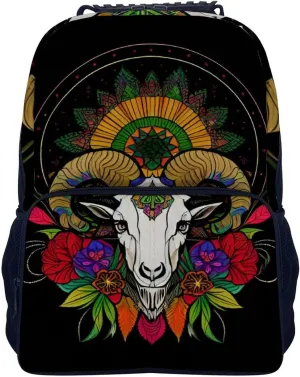Men & Women Lightweight Psychedelic Goat Skull Art Casual Daypack Large Capacity Bookbag With Adjustable Shoulder Straps for Gym Business Bicycle