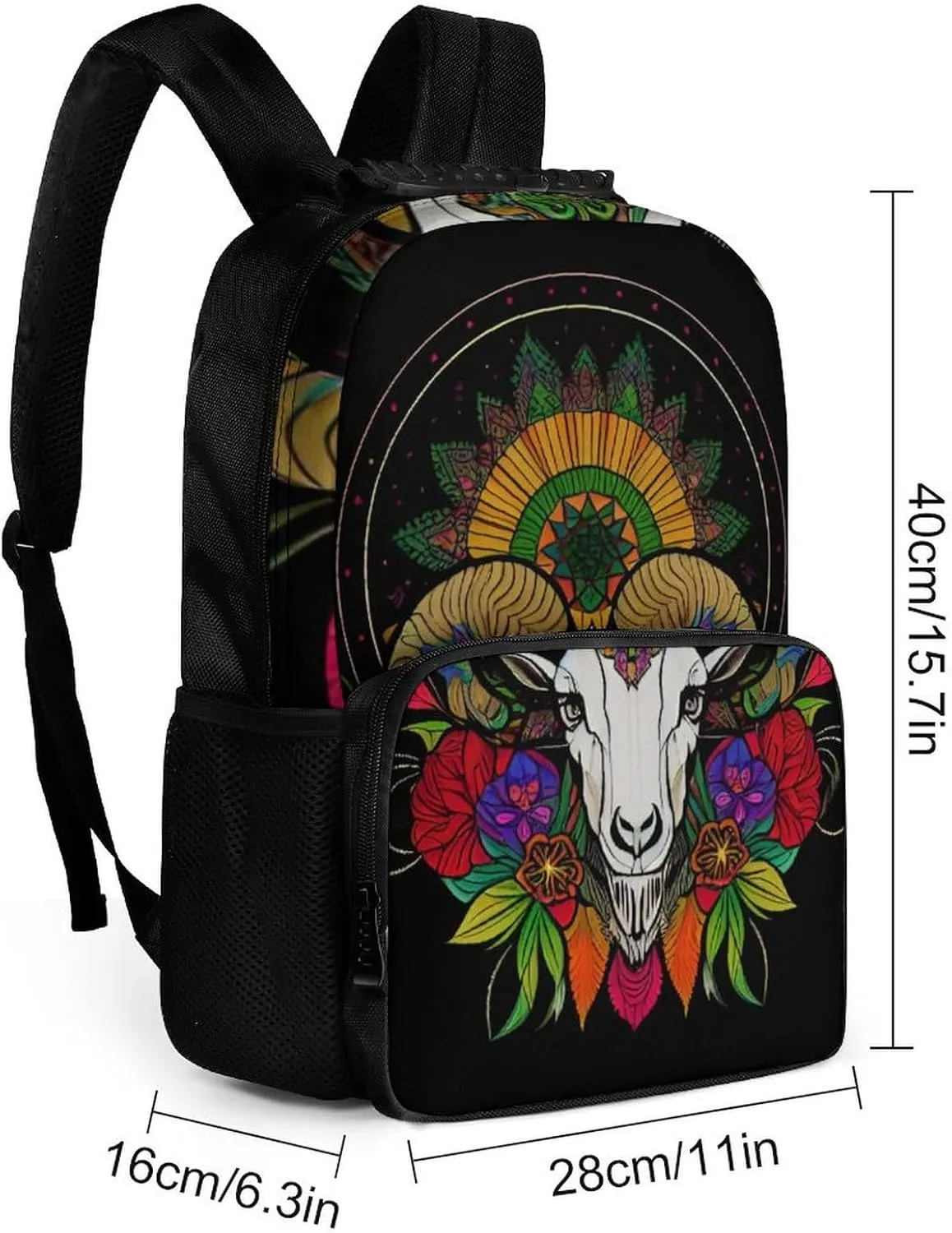 Men & Women Lightweight Psychedelic Goat Skull Art Casual Daypack Large Capacity Bookbag With Adjustable Shoulder Straps for Gym Business Bicycle
