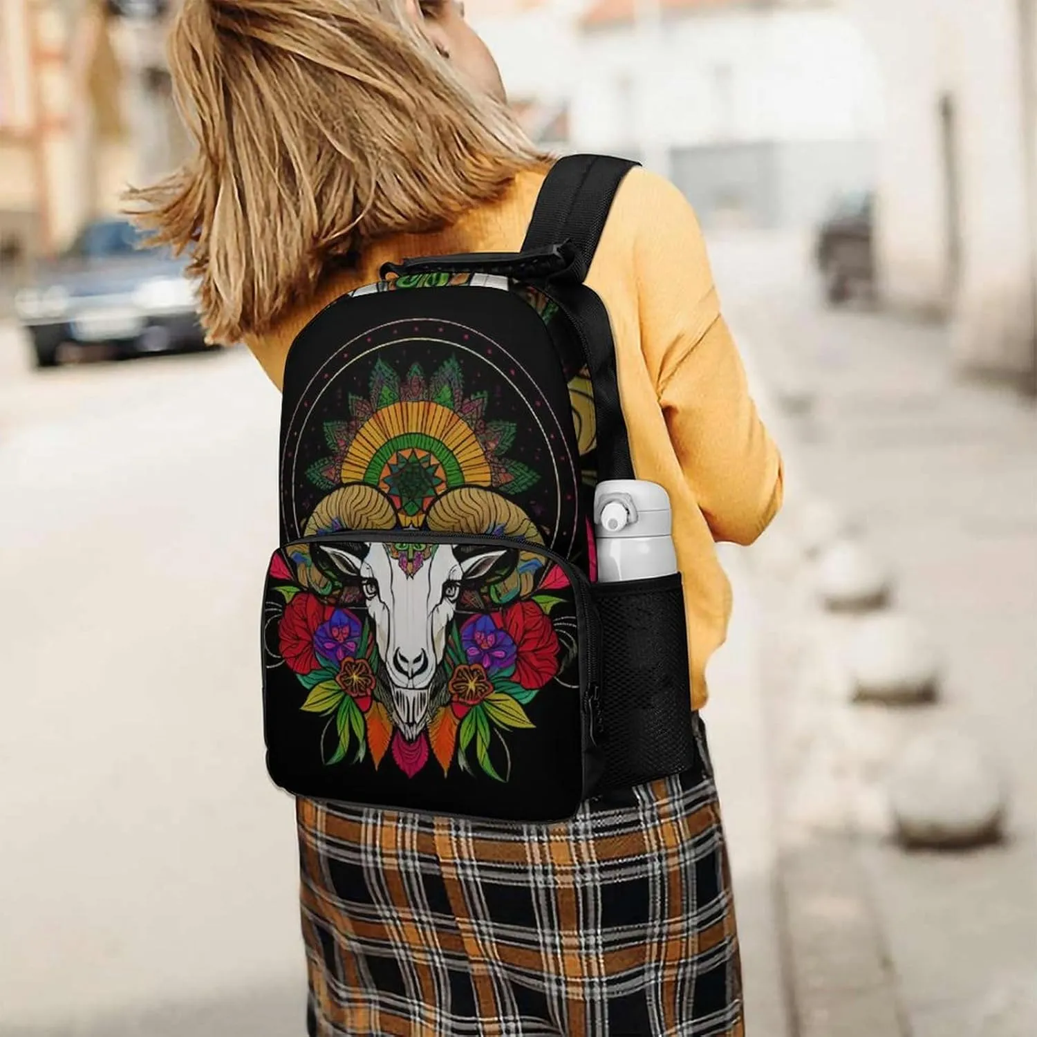 Men & Women Lightweight Psychedelic Goat Skull Art Casual Daypack Large Capacity Bookbag With Adjustable Shoulder Straps for Gym Business Bicycle