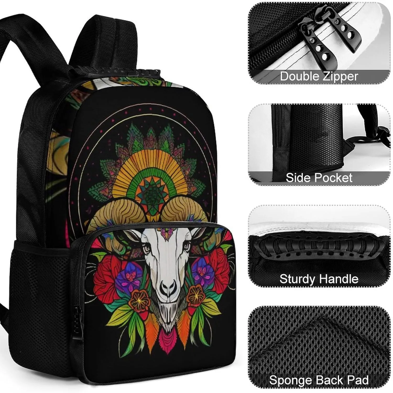Men & Women Lightweight Psychedelic Goat Skull Art Casual Daypack Large Capacity Bookbag With Adjustable Shoulder Straps for Gym Business Bicycle