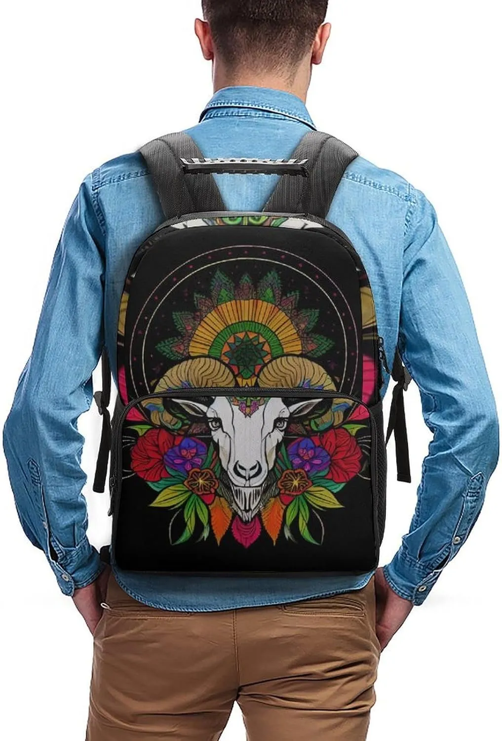 Men & Women Lightweight Psychedelic Goat Skull Art Casual Daypack Large Capacity Bookbag With Adjustable Shoulder Straps for Gym Business Bicycle